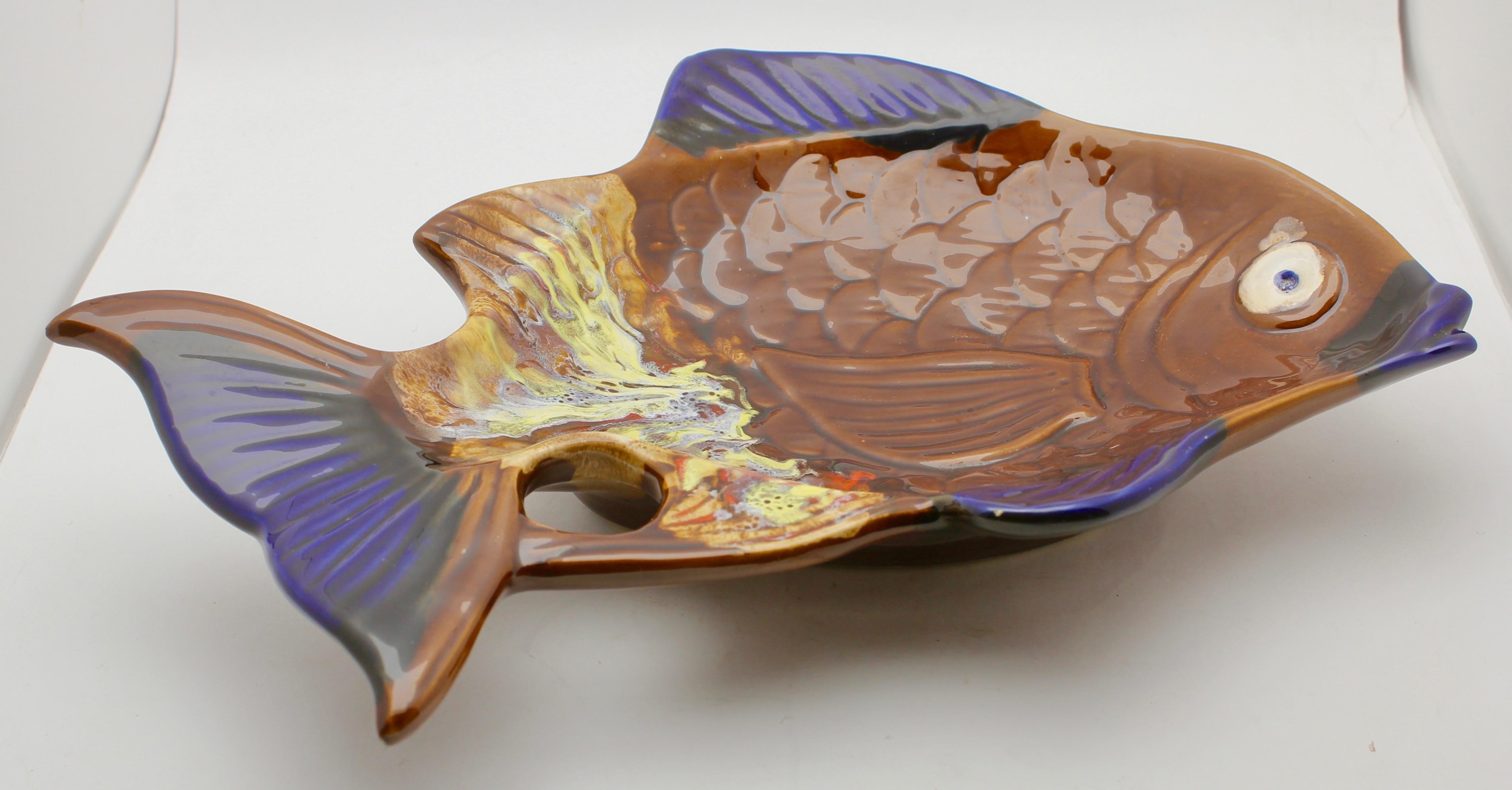 Mid-20th Century Vallauris 'France' Pottery Ceramic Fish Shape in Colors Brown and Blue