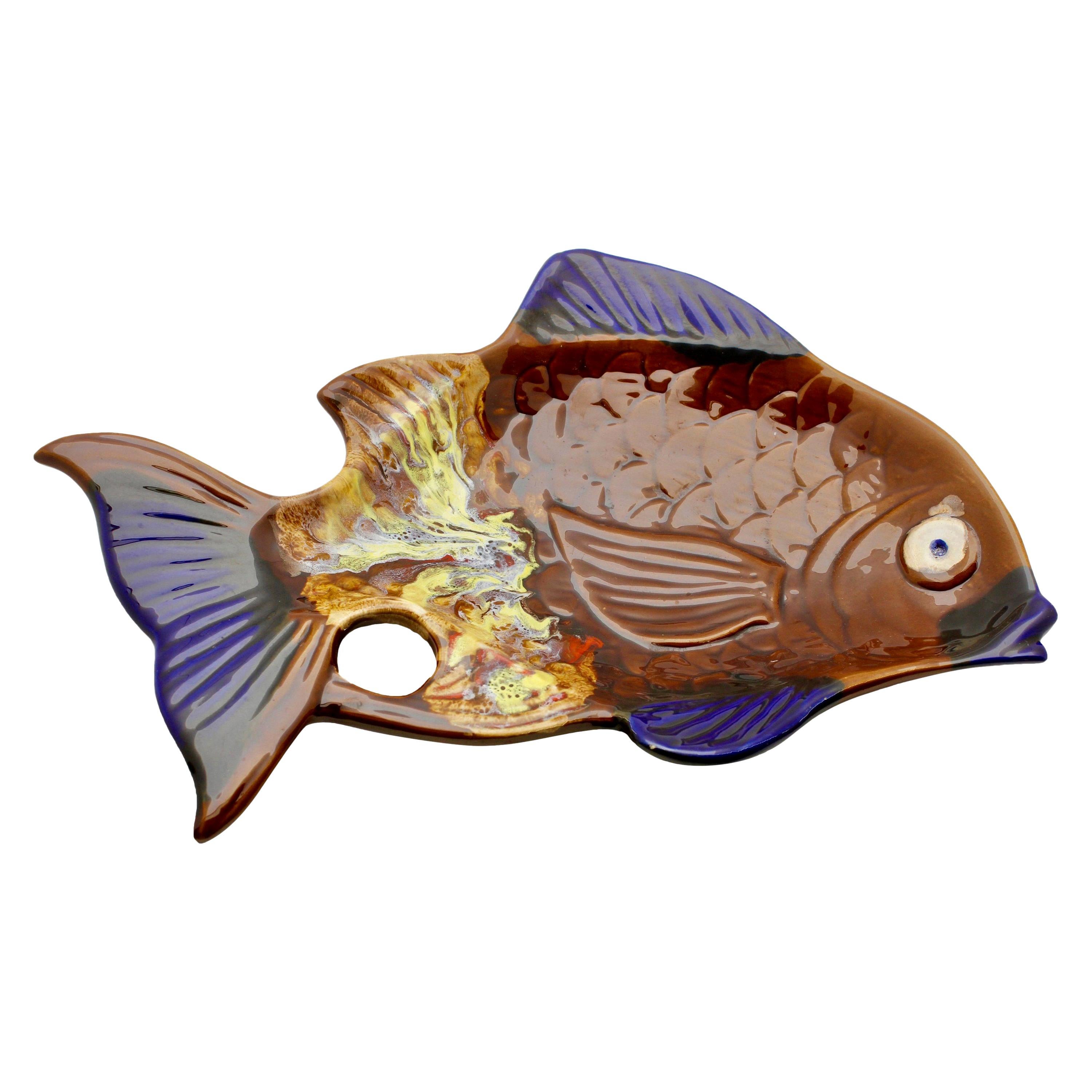 Vallauris 'France' Pottery Ceramic Fish Shape in Colors Brown and Blue