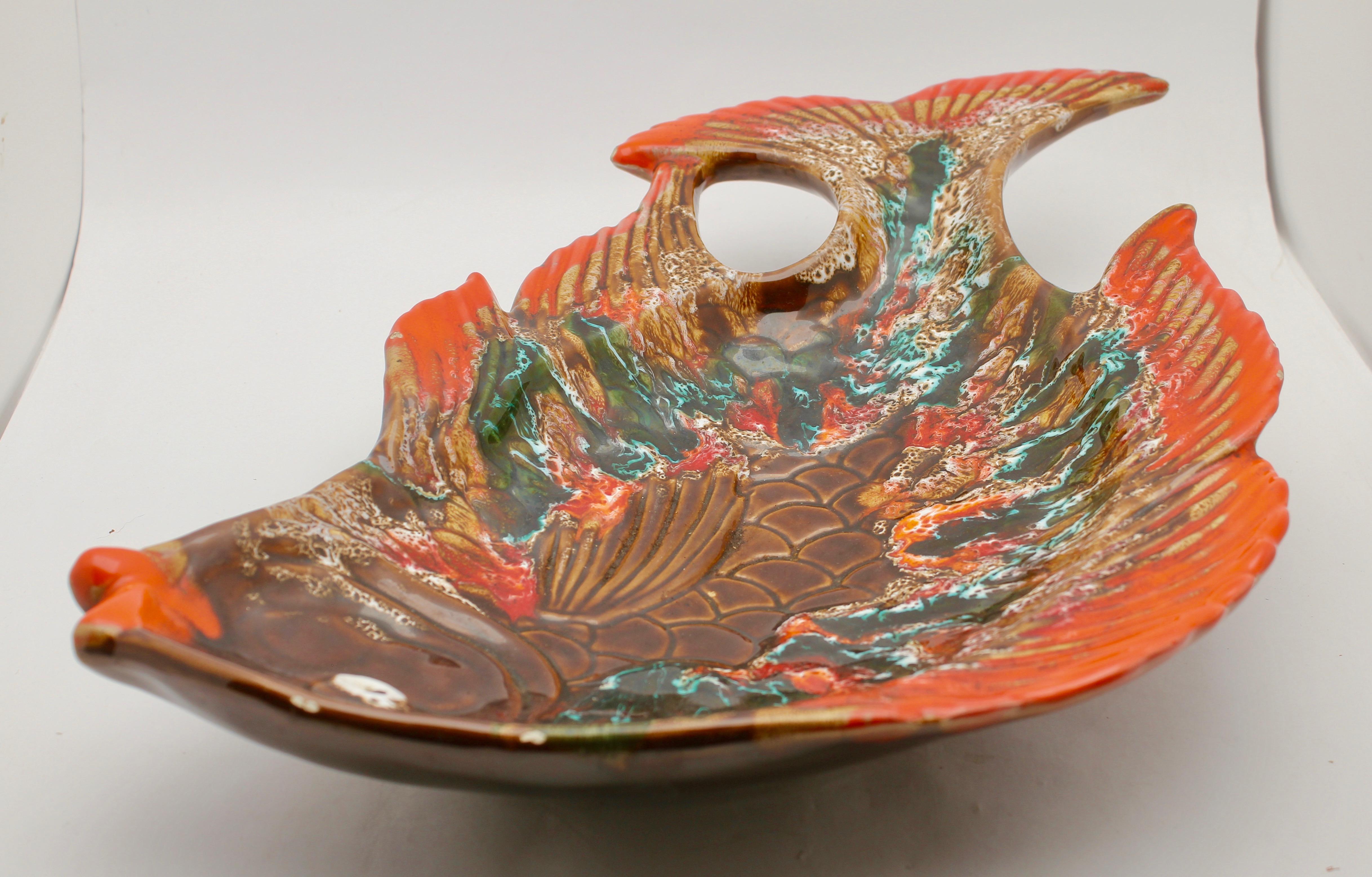 Mid-Century Modern Vallauris 'France' Pottery Ceramic Fish Shape in Colors Red and Brown and Green
