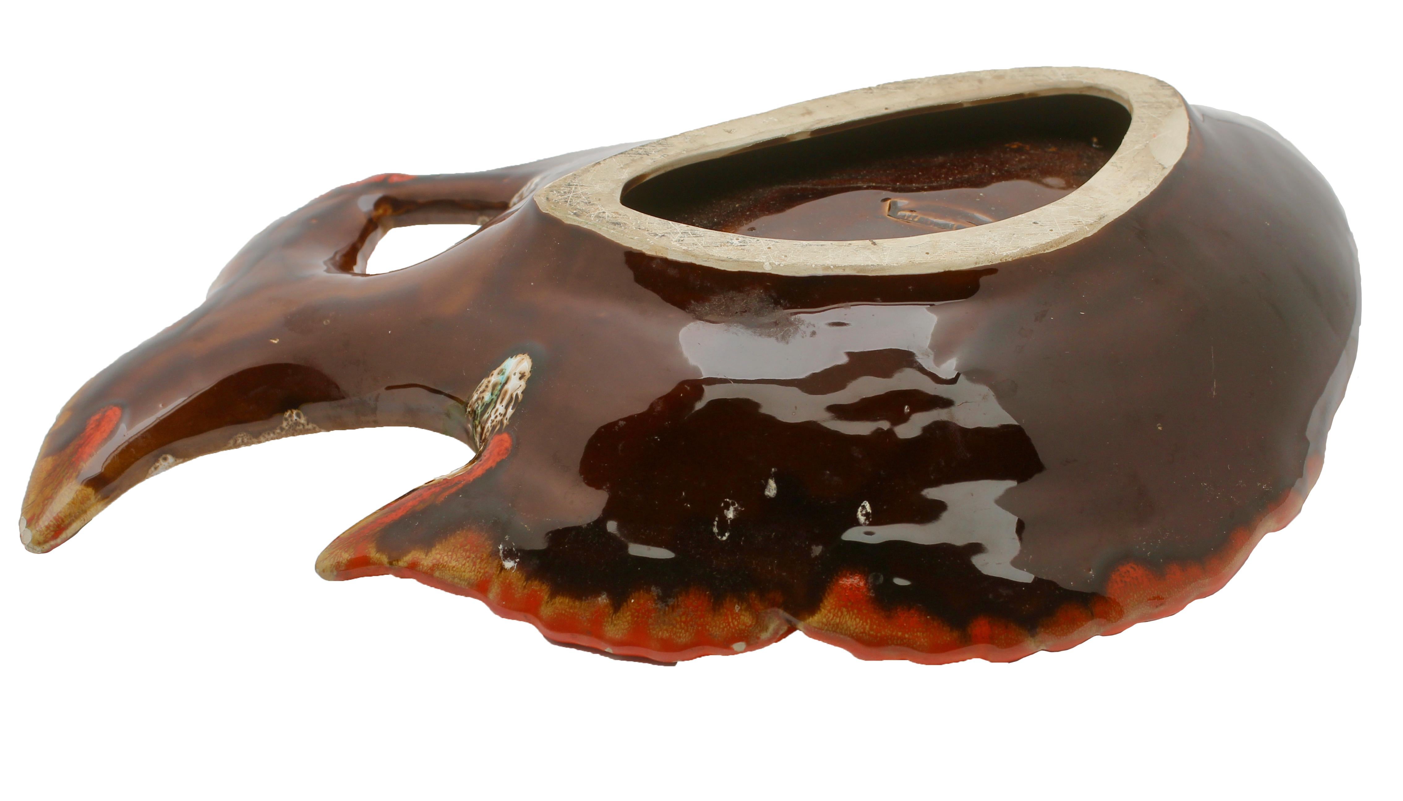 Hand-Crafted Vallauris 'France' Pottery Ceramic Fish Shape in Colors Red and Brown and Green