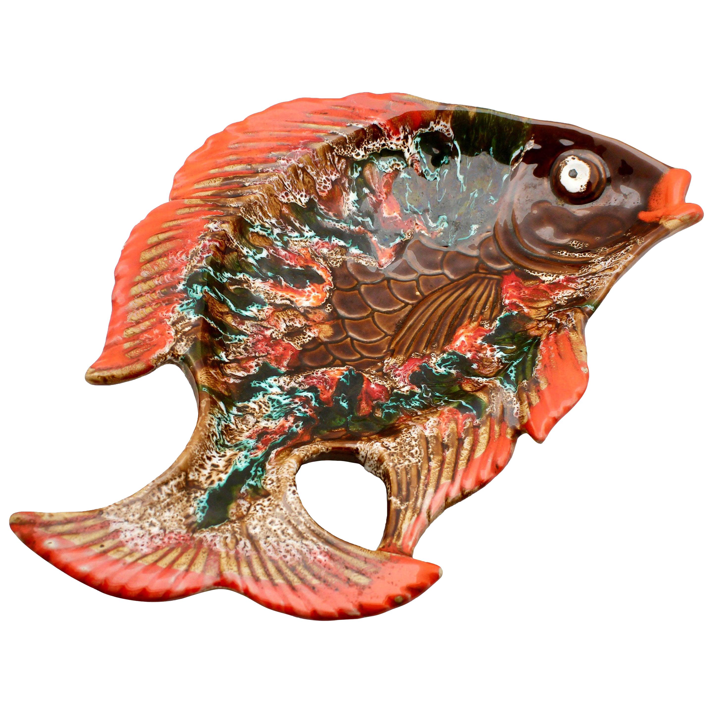 Vallauris 'France' Pottery Ceramic Fish Shape in Colors Red and Brown and Green