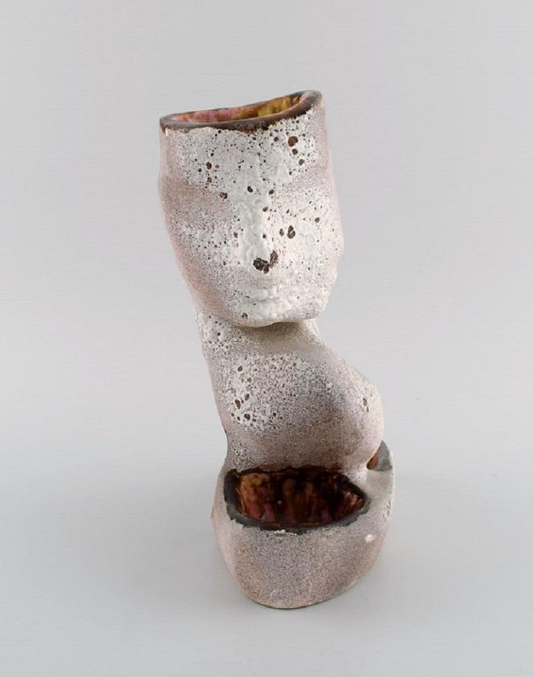 French Vallauris, France. Sculptural unique vase in glazed stoneware, 1980s For Sale