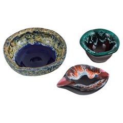 Retro Vallauris, France, three ceramic bowls in brightly colored glazes. 1960/70s.