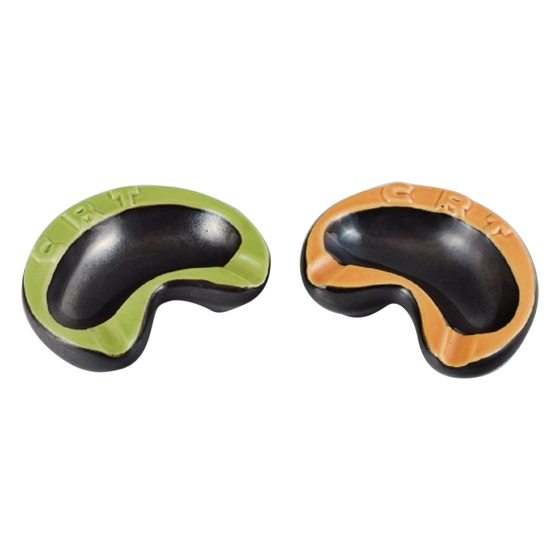 Vallauris, France, two ceramic bowls with yellow and green glazes.