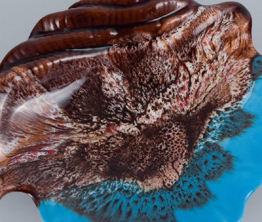 French Vallauris, France, Two Shell-Shaped Bowls Glaze in Shades of Brown and Blue For Sale