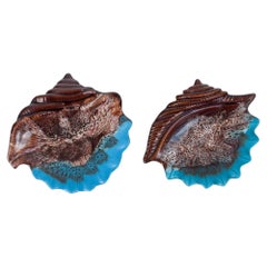 Used Vallauris, France, Two Shell-Shaped Bowls Glaze in Shades of Brown and Blue