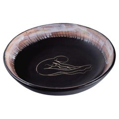 Vallauris, France, Unique Ceramic Bowl in Black Glaze with Female Motif