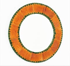 Espejo redondo de cerámica estilo François Lembo de Vallauris en naranja y verde