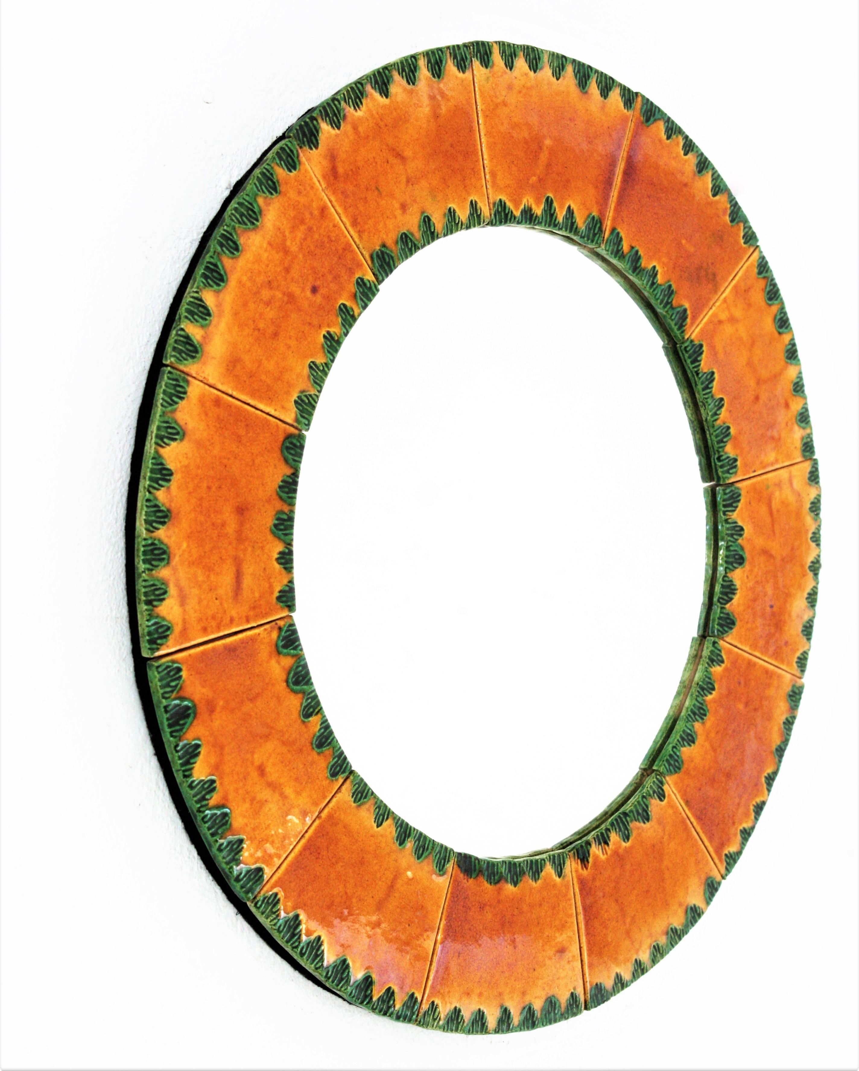Mid-Century Modern Vallauris François Lembo Style Ceramic Round Mirror in Orange and Green