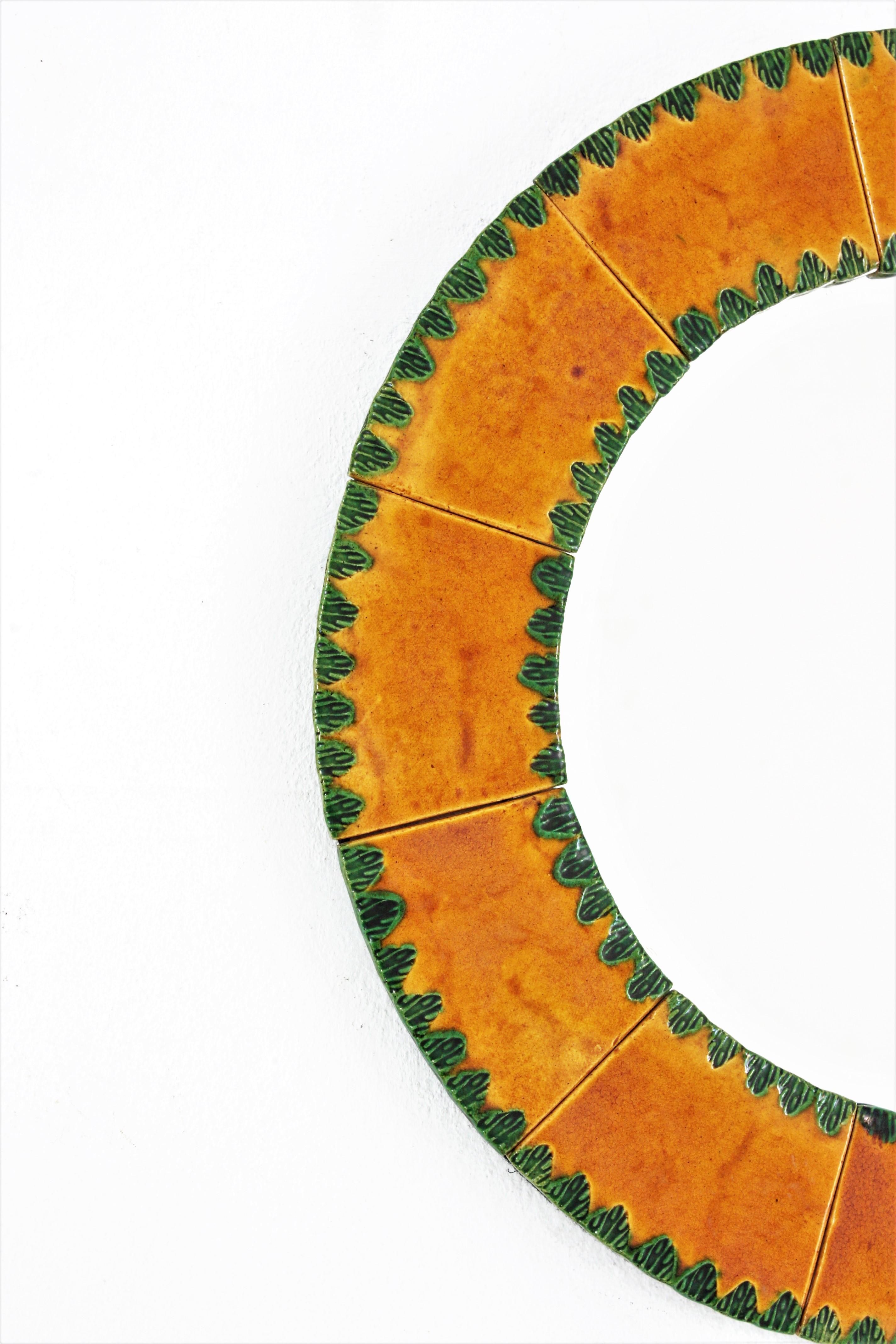 French Vallauris François Lembo Style Ceramic Round Mirror in Orange and Green