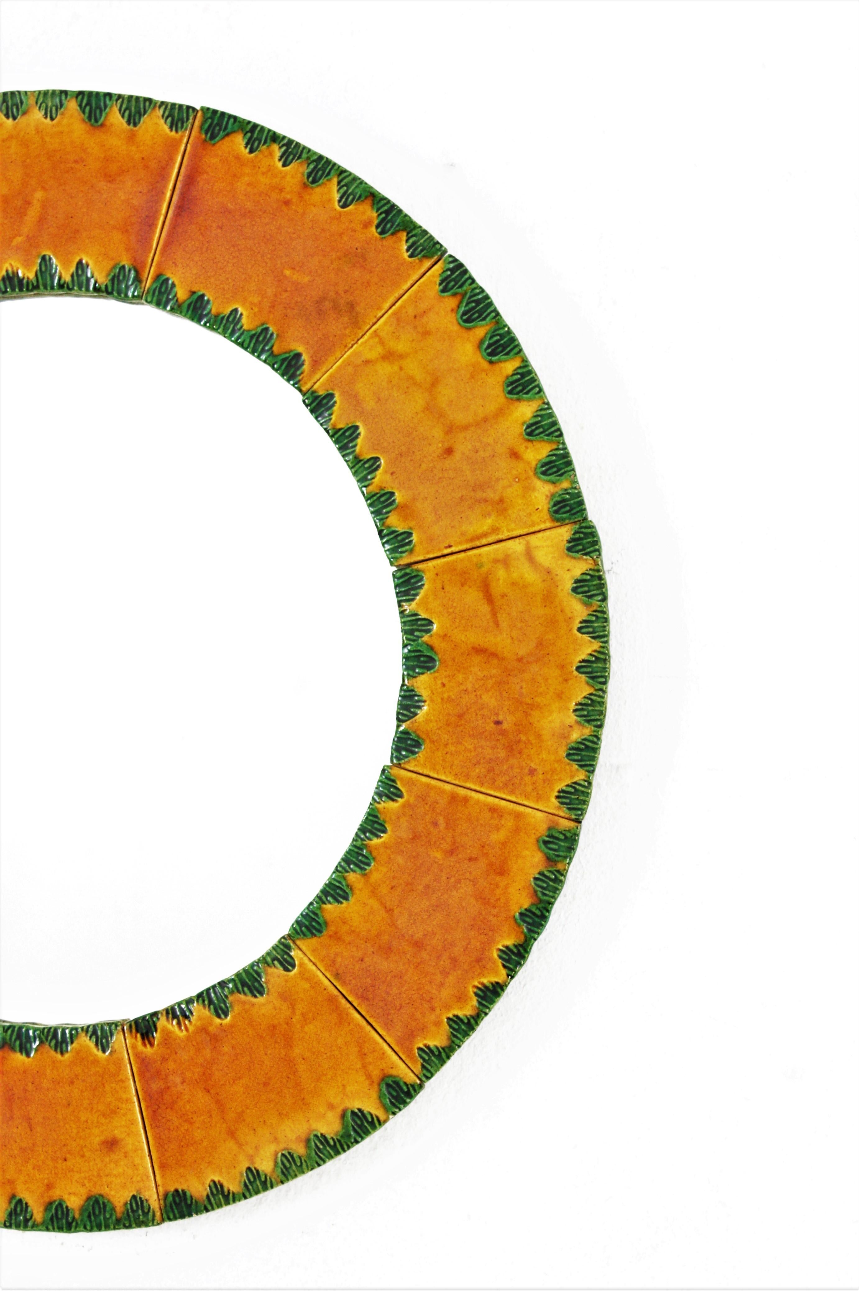 Hand-Crafted Vallauris François Lembo Style Ceramic Round Mirror in Orange and Green