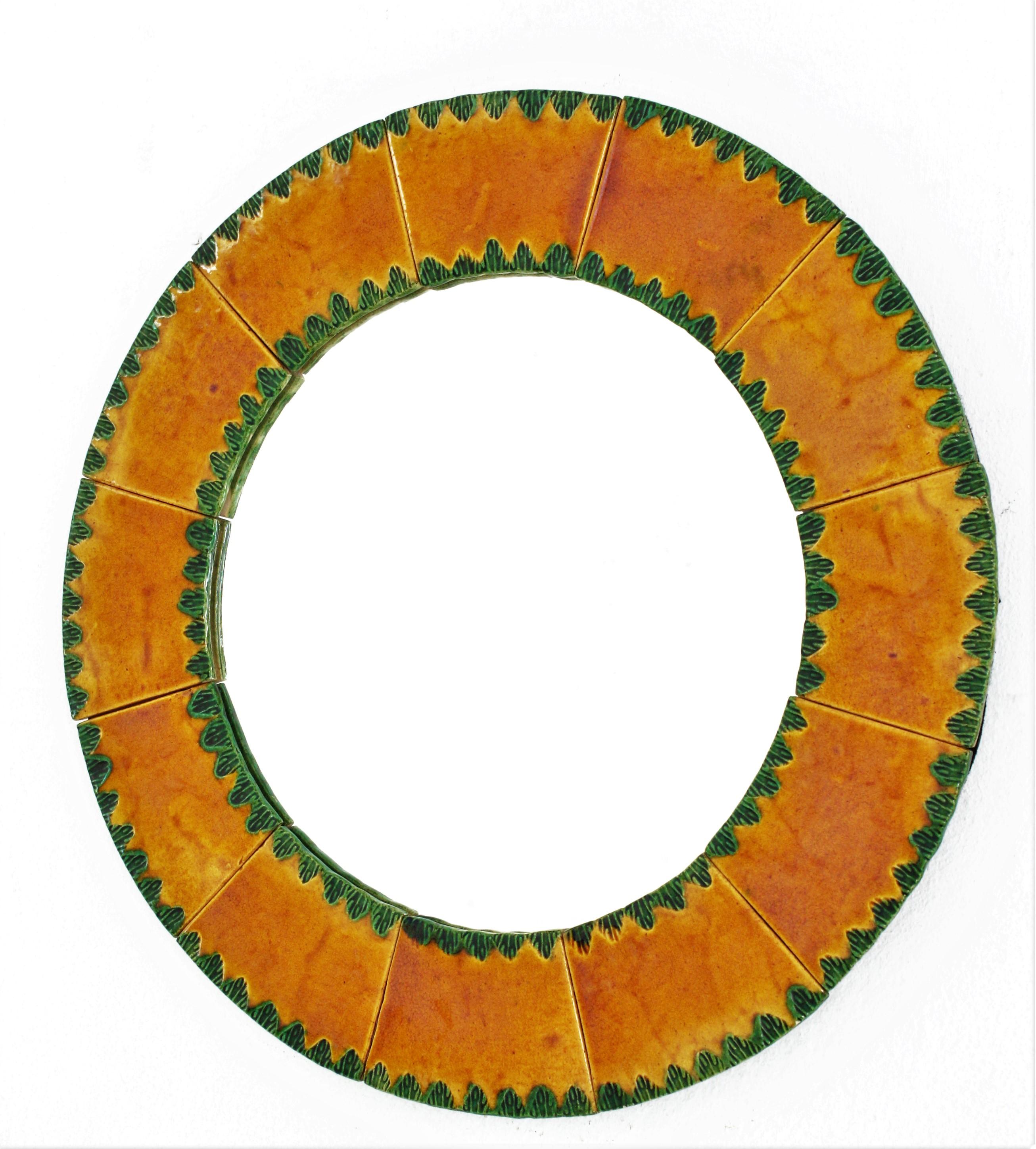 20th Century Vallauris François Lembo Style Ceramic Round Mirror in Orange and Green