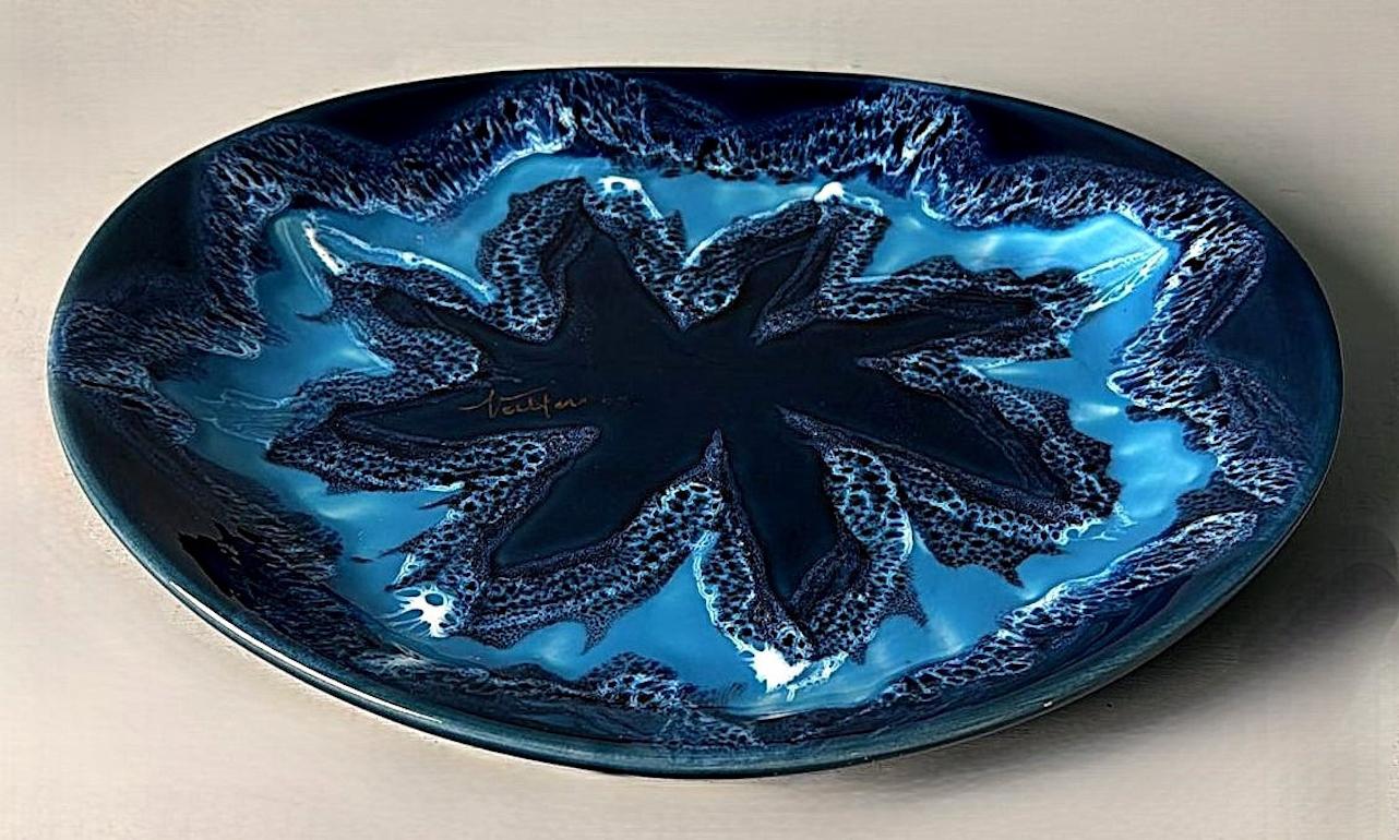 Nous vous invitons à lire l'intégralité de la description, car nous nous efforçons de fournir des informations techniques et historiques détaillées pour garantir l'authenticité de nos articles.
Ce captivant centre de table ovale en céramique bleue