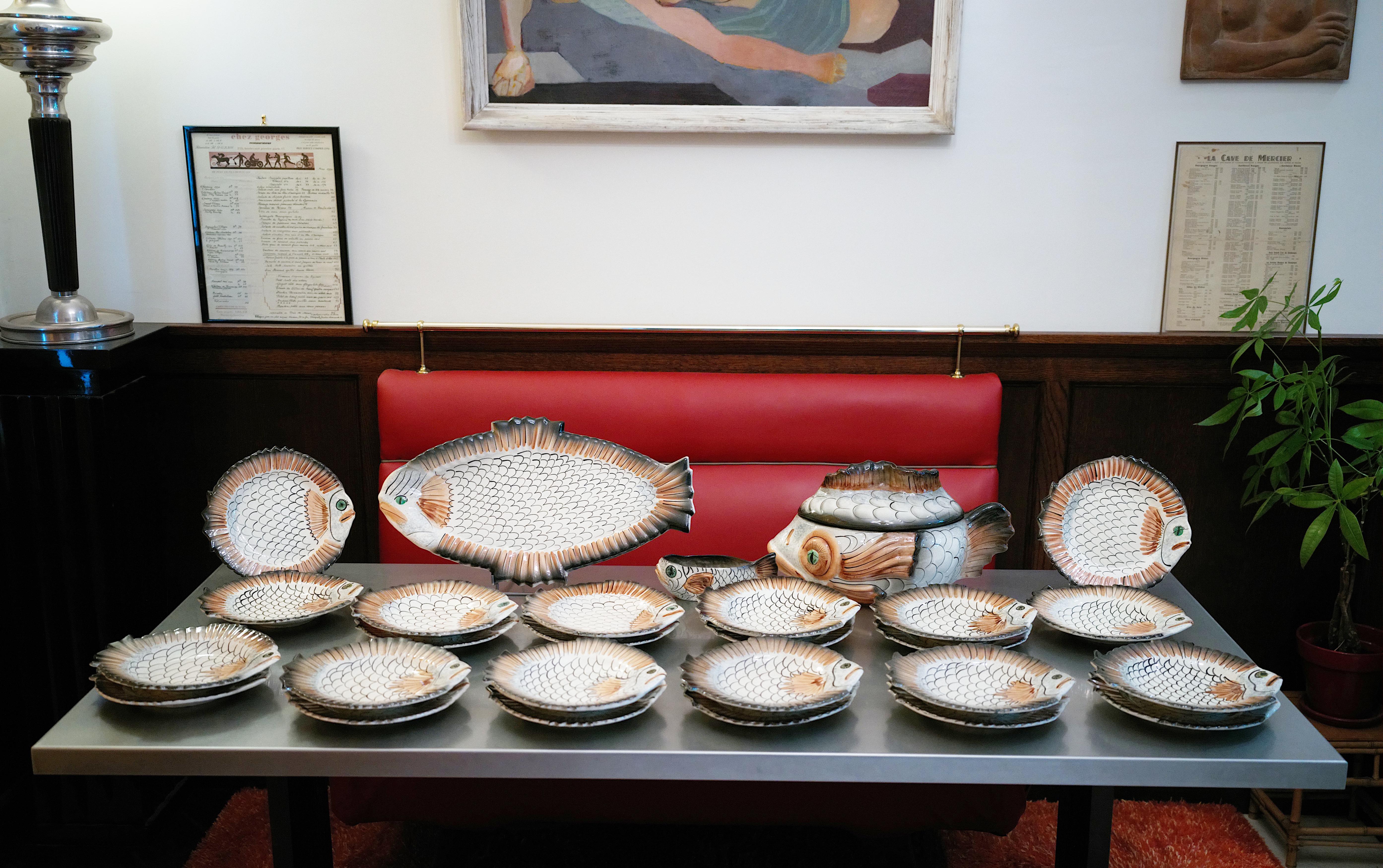 Mid-Century Modern VALLAURIS French Ceramic Fish Dinner Set, ca.1970 For Sale