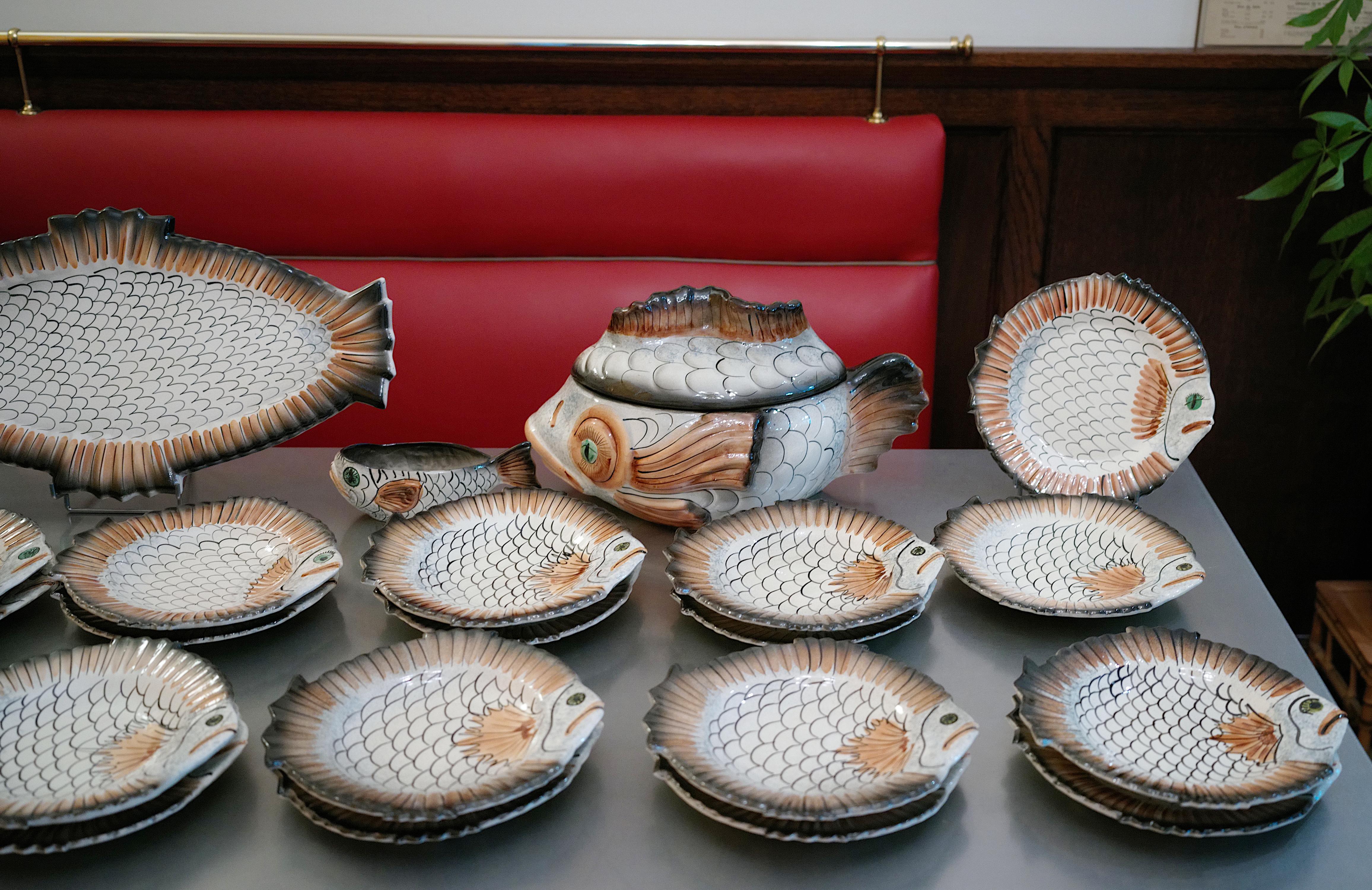 Late 20th Century VALLAURIS French Ceramic Fish Dinner Set, ca.1970 For Sale
