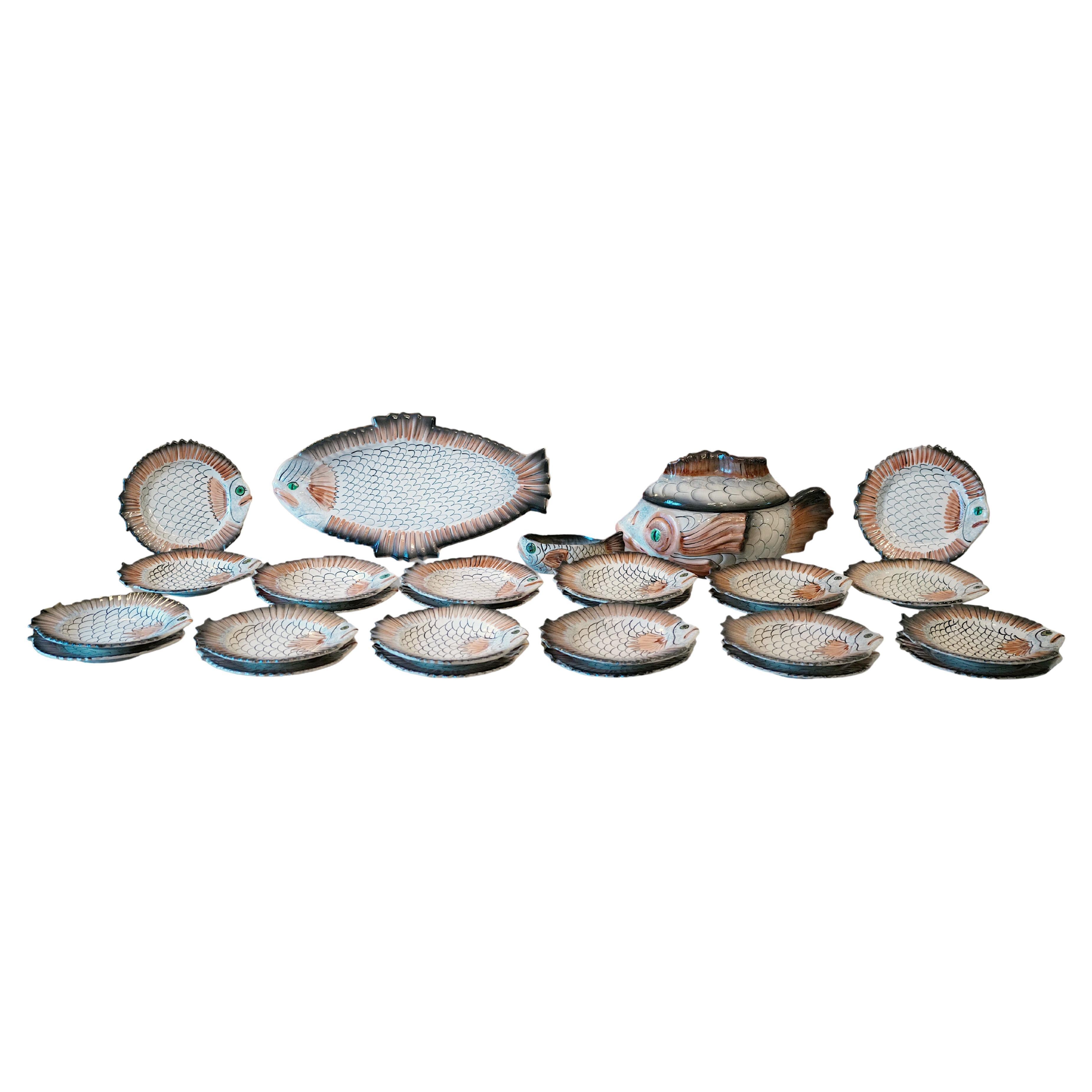 VALLAURIS French Ceramic Fish Dinner Set, ca.1970 For Sale