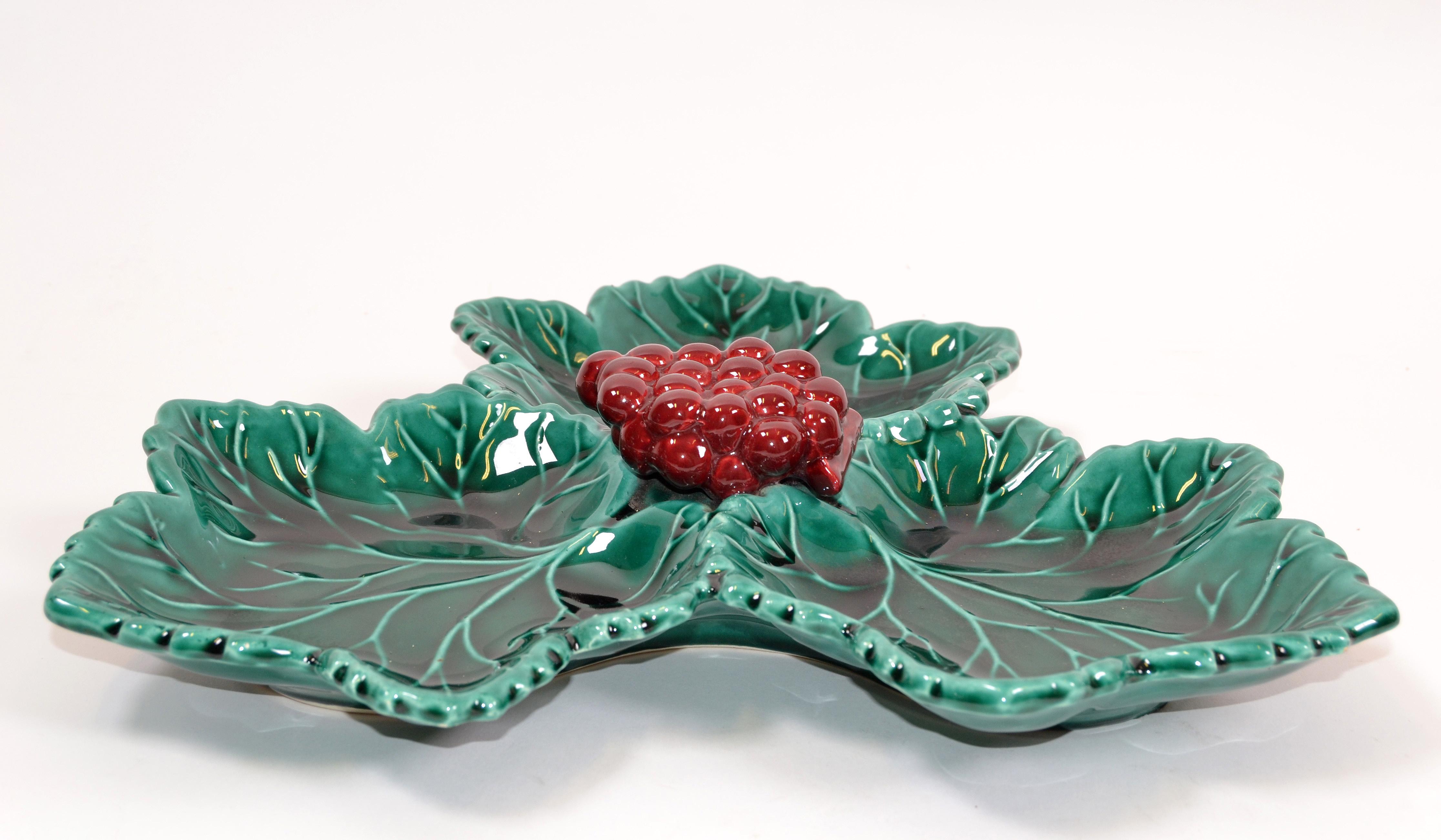 Mid-Century Modern Vallauris French Glazed Grapes & Vine Leaves Ceramic Serving Plate Green and Red For Sale