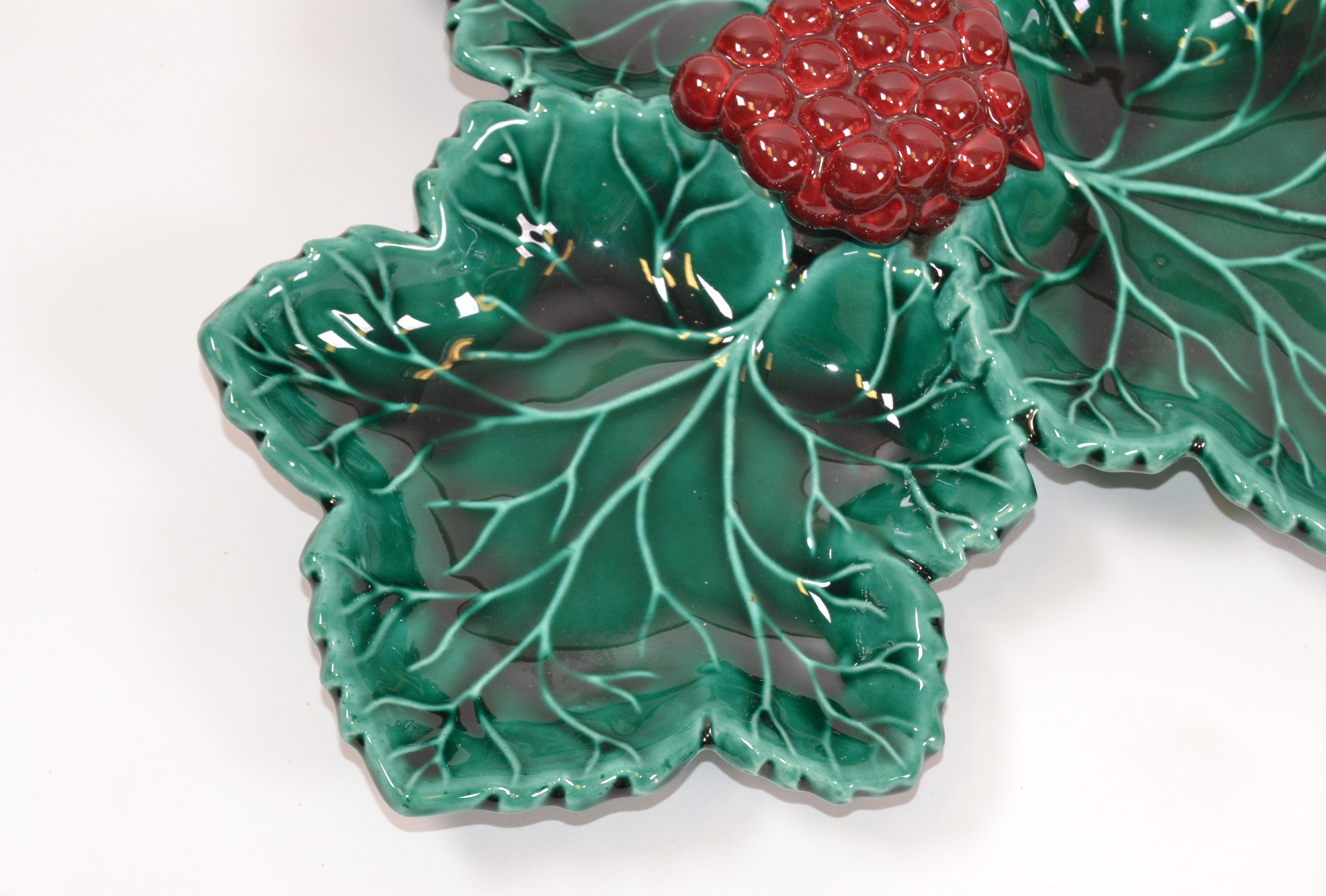 Hand-Crafted Vallauris French Glazed Grapes & Vine Leaves Ceramic Serving Plate Green and Red For Sale