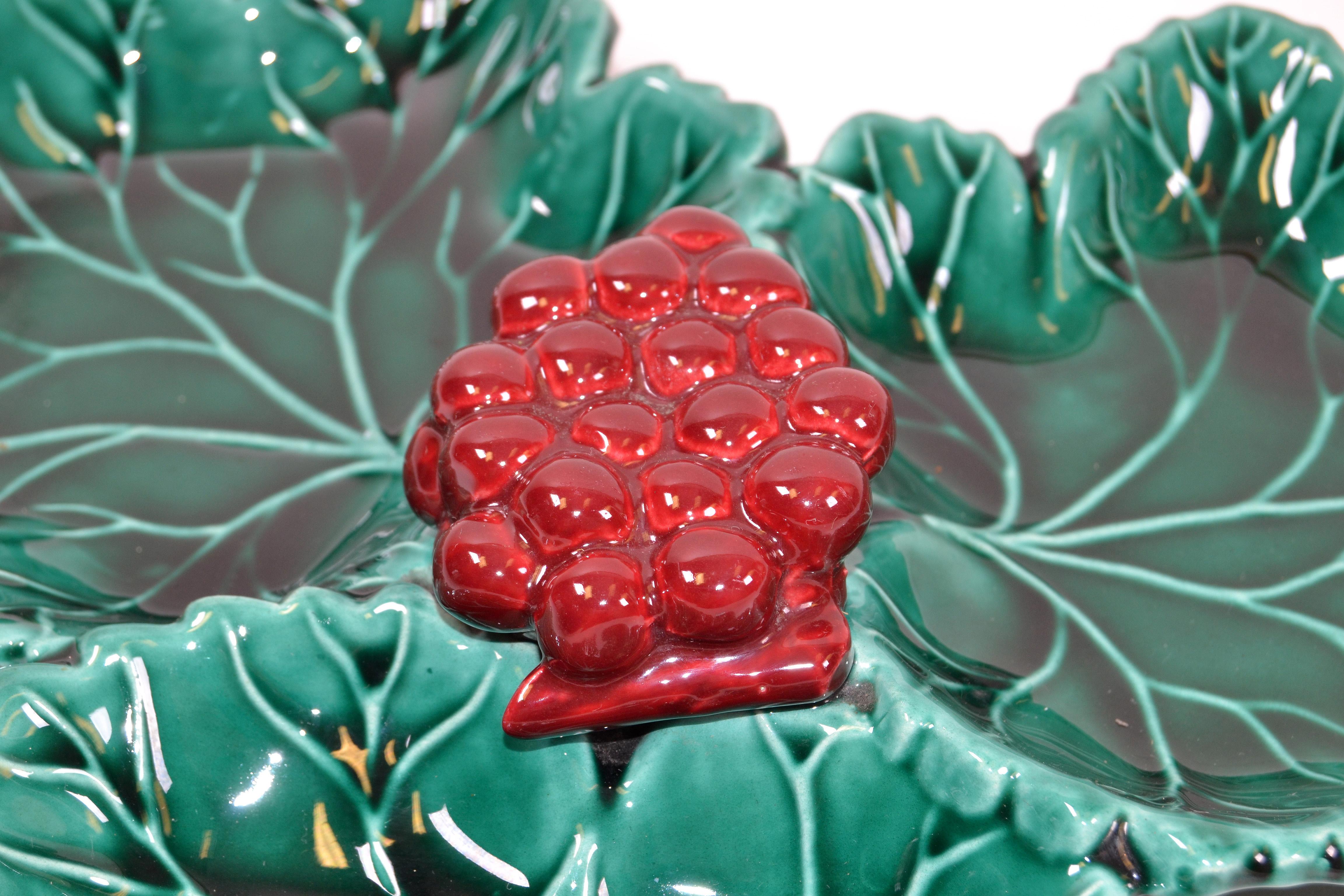 Mid-20th Century Vallauris French Glazed Grapes & Vine Leaves Ceramic Serving Plate Green and Red For Sale