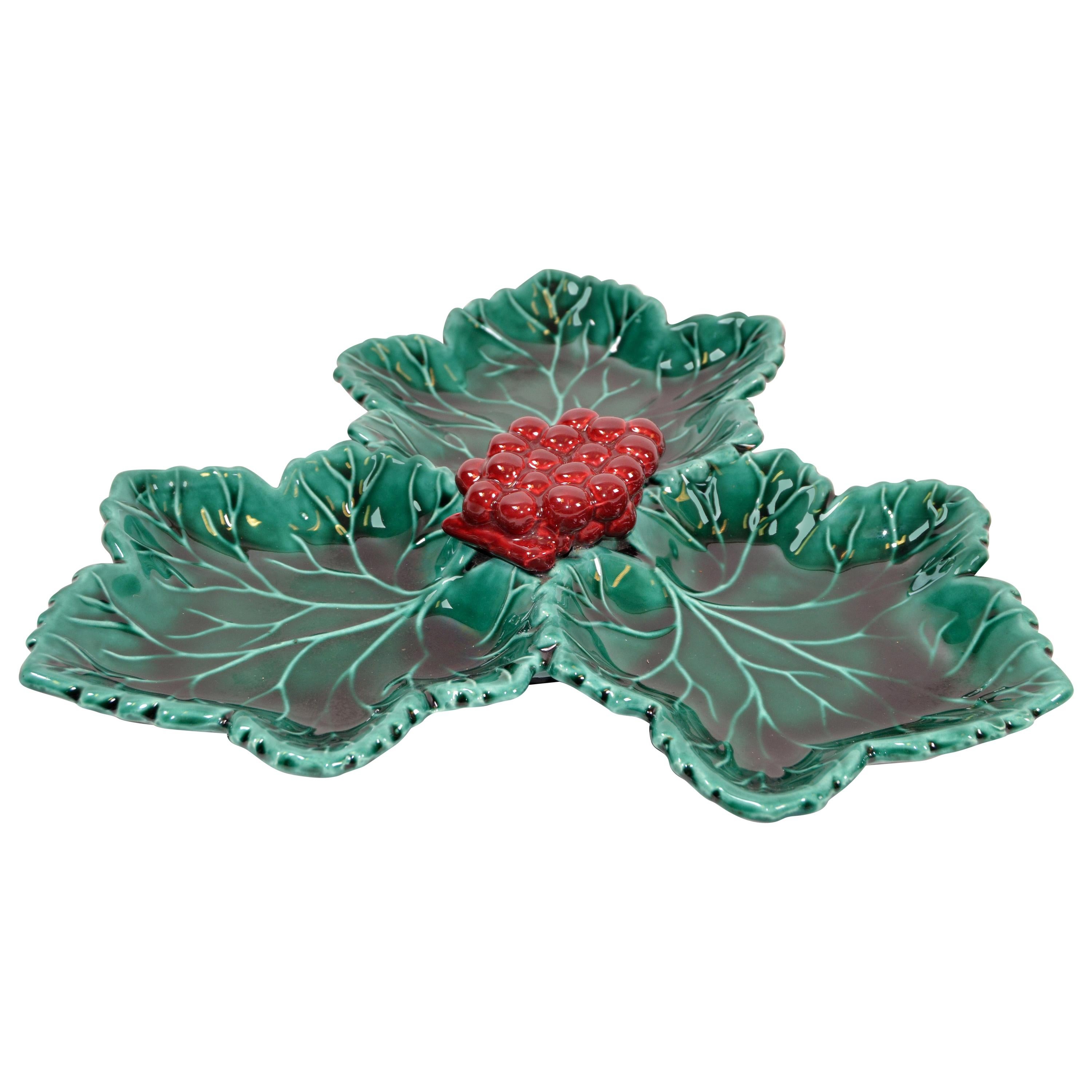 Vallauris French Glazed Grapes & Vine Leaves Ceramic Serving Plate Green and Red
