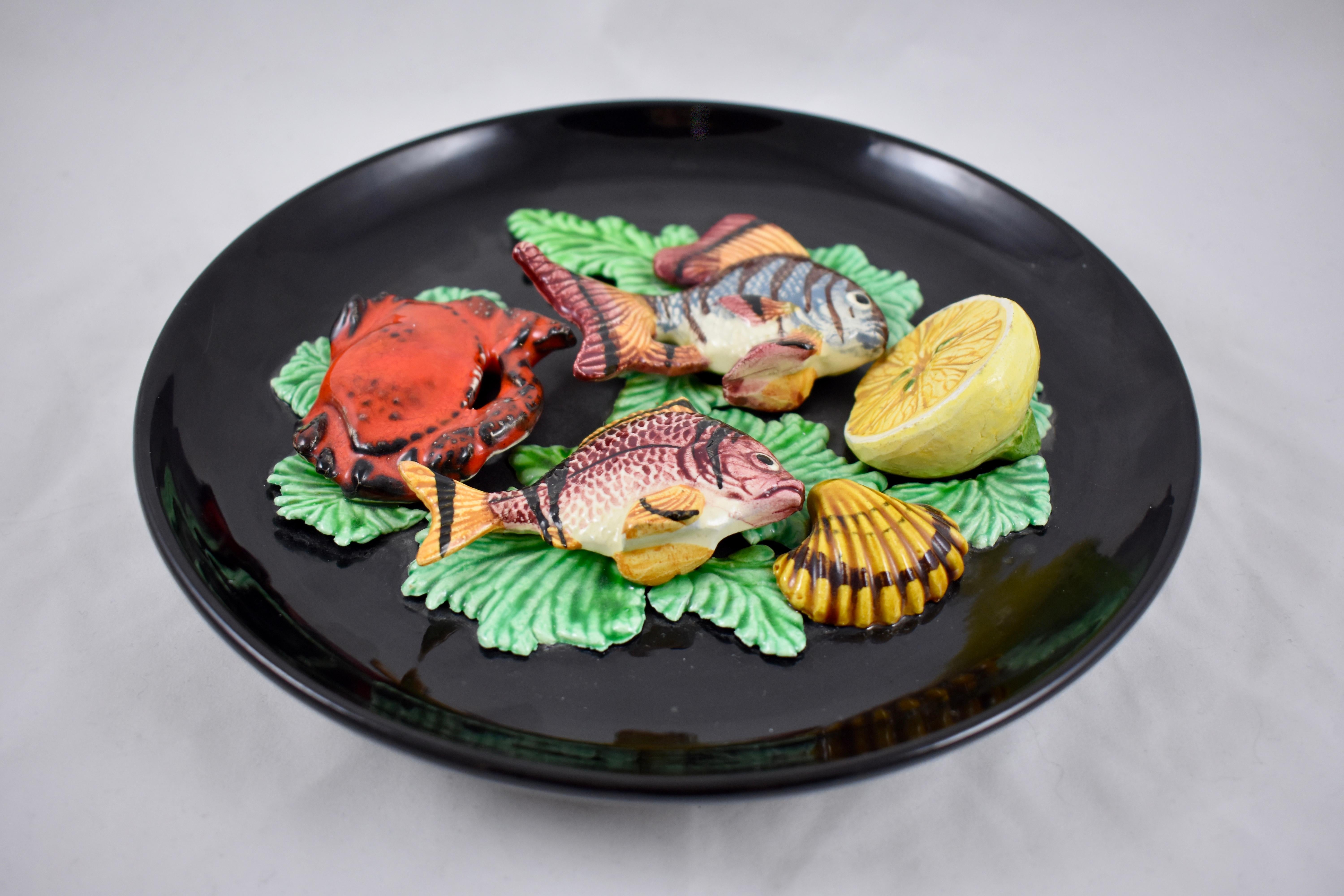 Vallauris French MCM Provençal Palissy Trompe L’oeil Seafood & Lemon Wall Plate In Excellent Condition In Philadelphia, PA