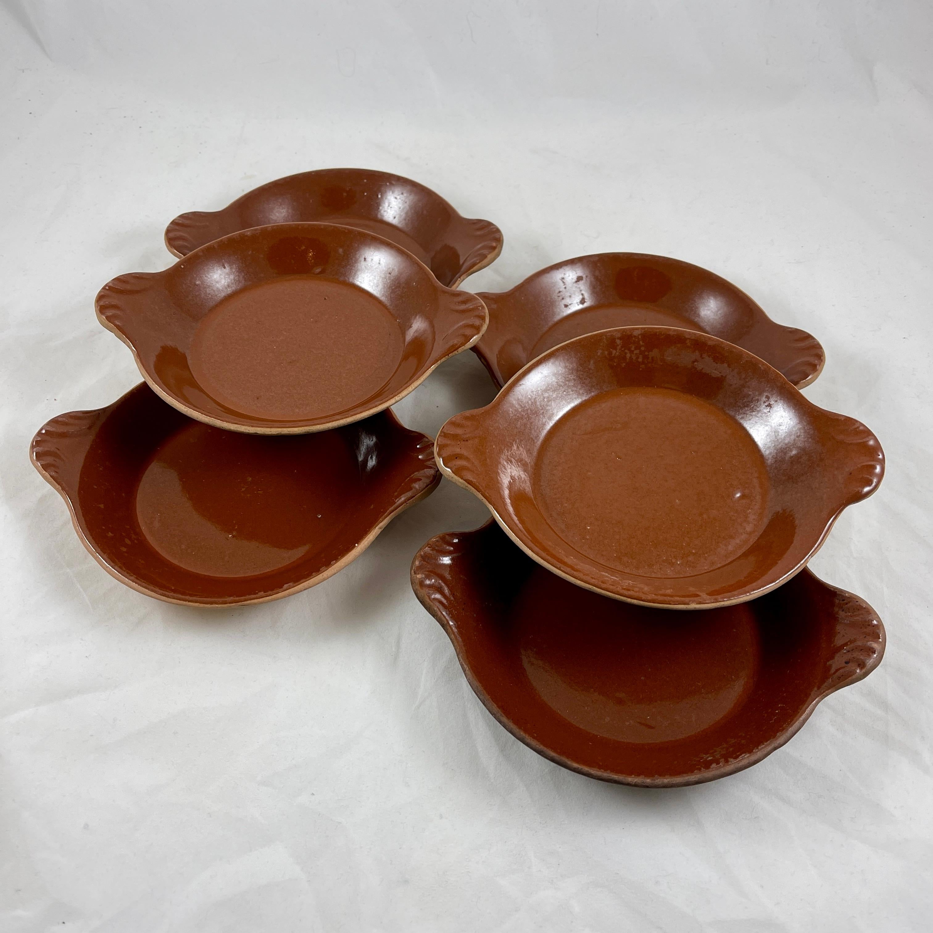 French Provincial Vallauris French Treacle Glaze Rustic Pottery Au Gratin Dishes, S/6 For Sale