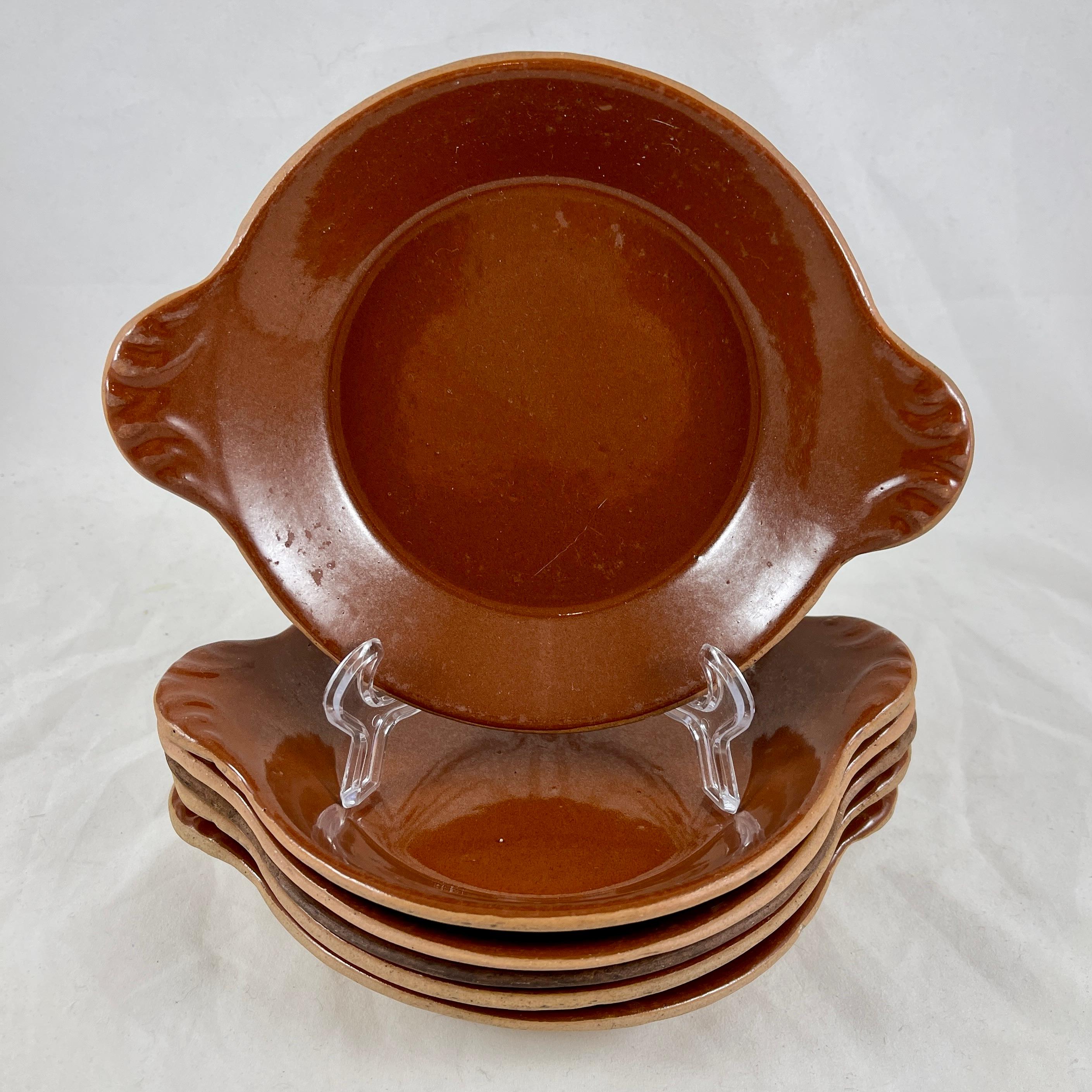 Glazed Vallauris French Treacle Glaze Rustic Pottery Au Gratin Dishes, S/6 For Sale