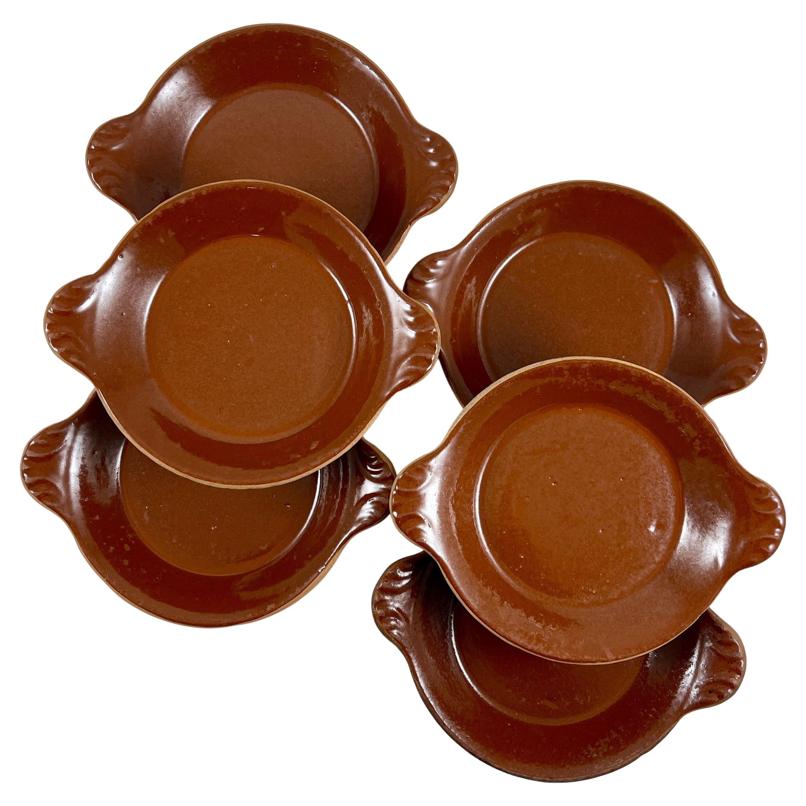 Vallauris French Treacle Glaze Rustic Pottery Au Gratin Dishes, S/6 For Sale