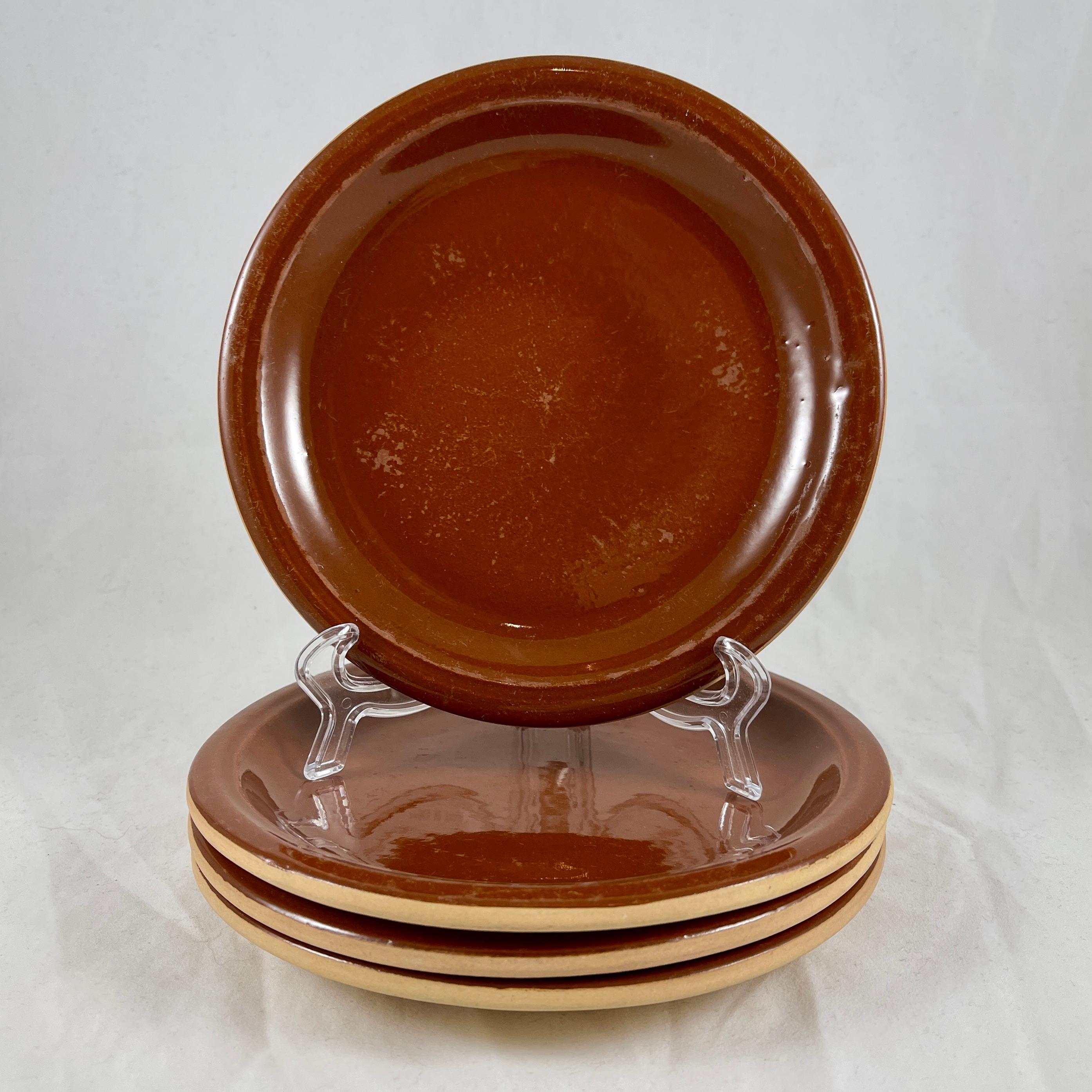 French Provincial Vallauris French Treacle Glaze Terra Cotta Rustic Pottery Plates, S/4 For Sale