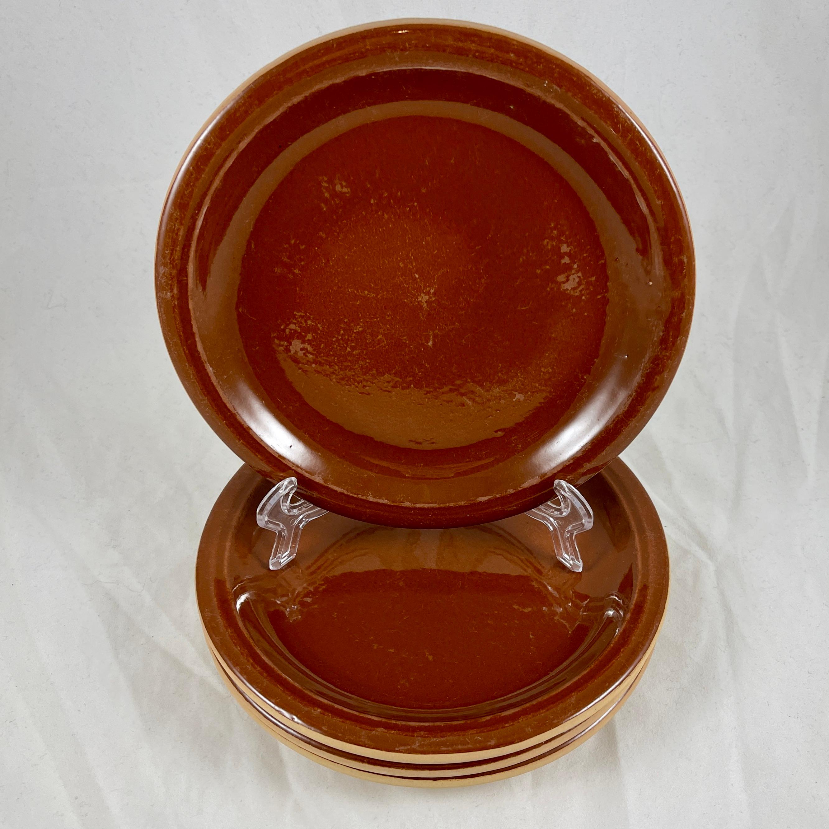 Glazed Vallauris French Treacle Glaze Terra Cotta Rustic Pottery Plates, S/4 For Sale