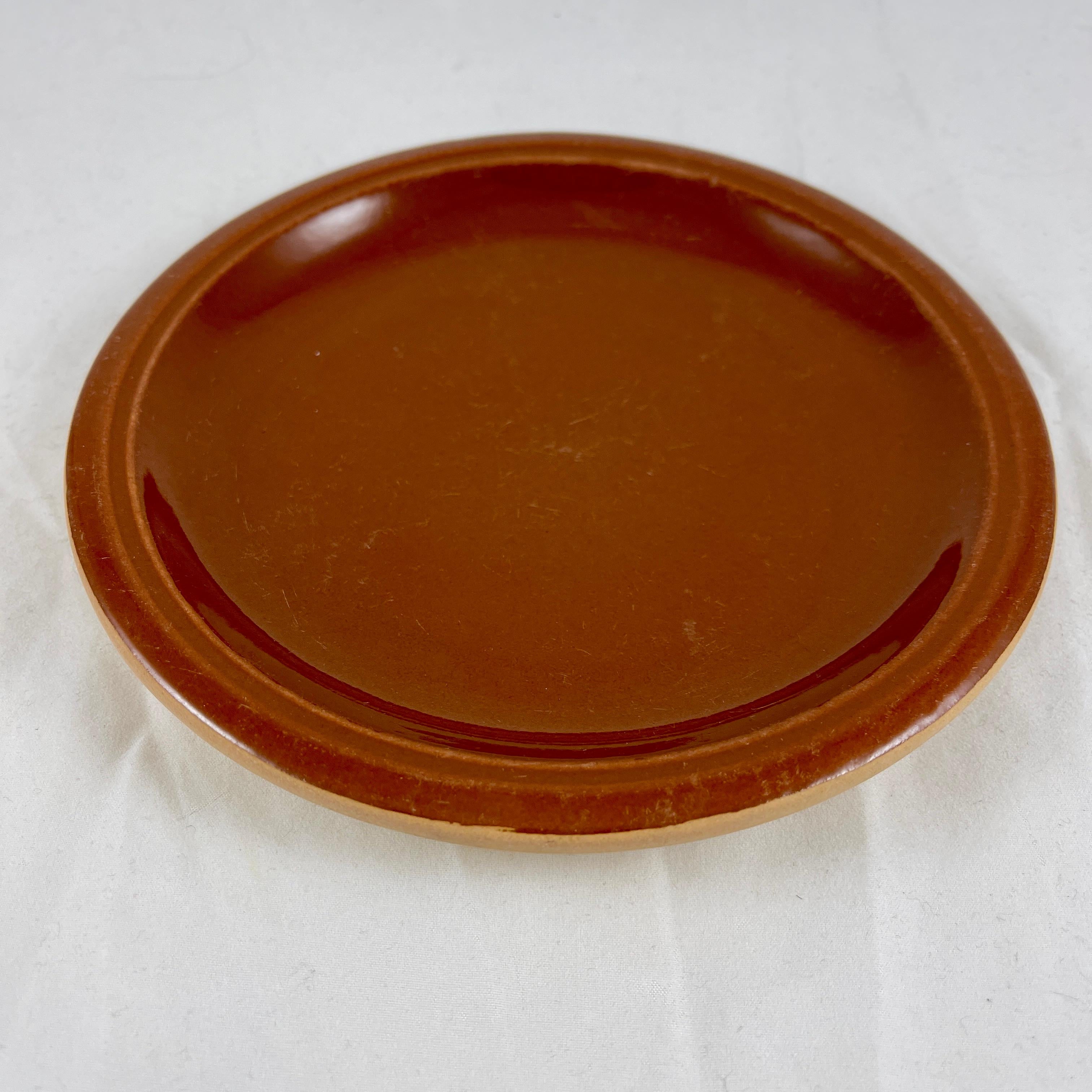Vallauris French Treacle Glaze Terra Cotta Rustic Pottery Plates, S/4 In Good Condition For Sale In Philadelphia, PA