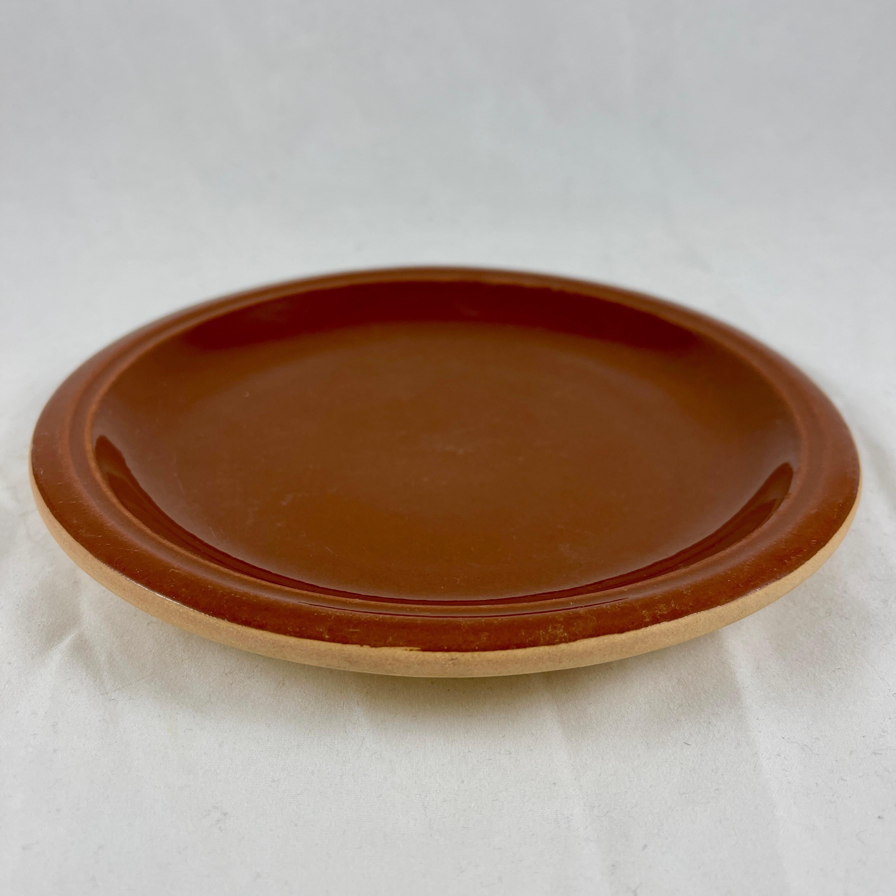 20th Century Vallauris French Treacle Glaze Terra Cotta Rustic Pottery Plates, S/4 For Sale