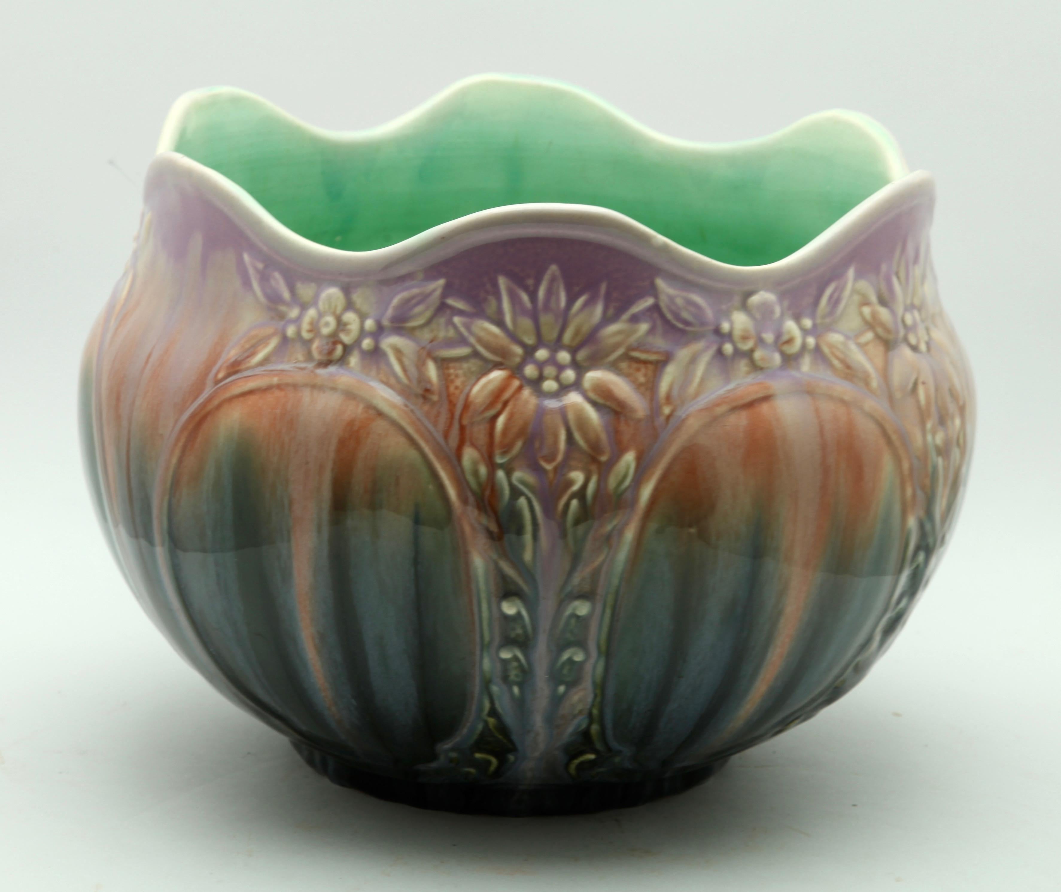 Vallauris Glazed Art Nouveau Planter Jardinière, Signed A.M., 1930s In Good Condition In Verviers, BE
