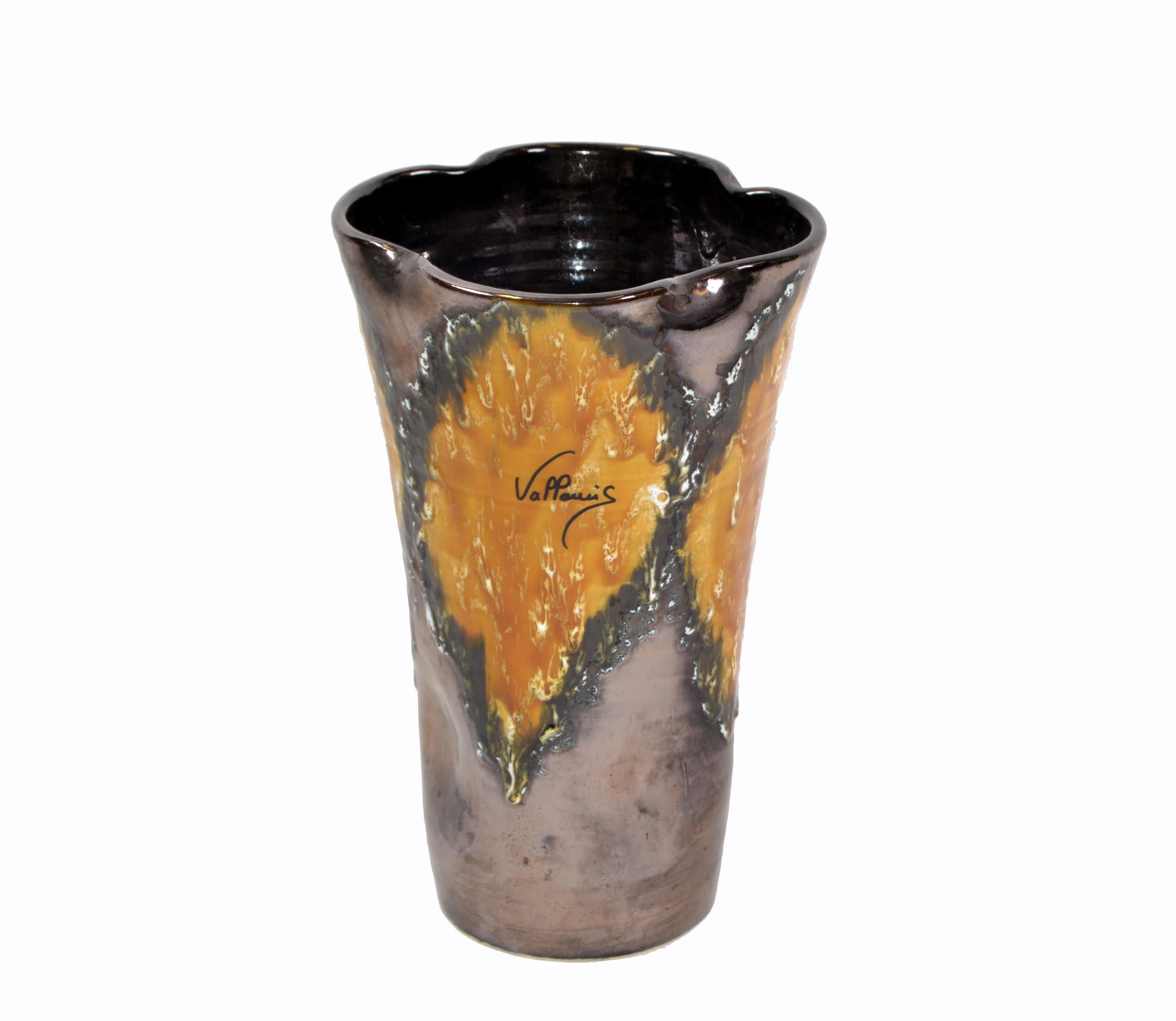 Vallauris Glazed Ceramic Vase Bronze, Black & Orange Mid-Century Modern, France For Sale 9