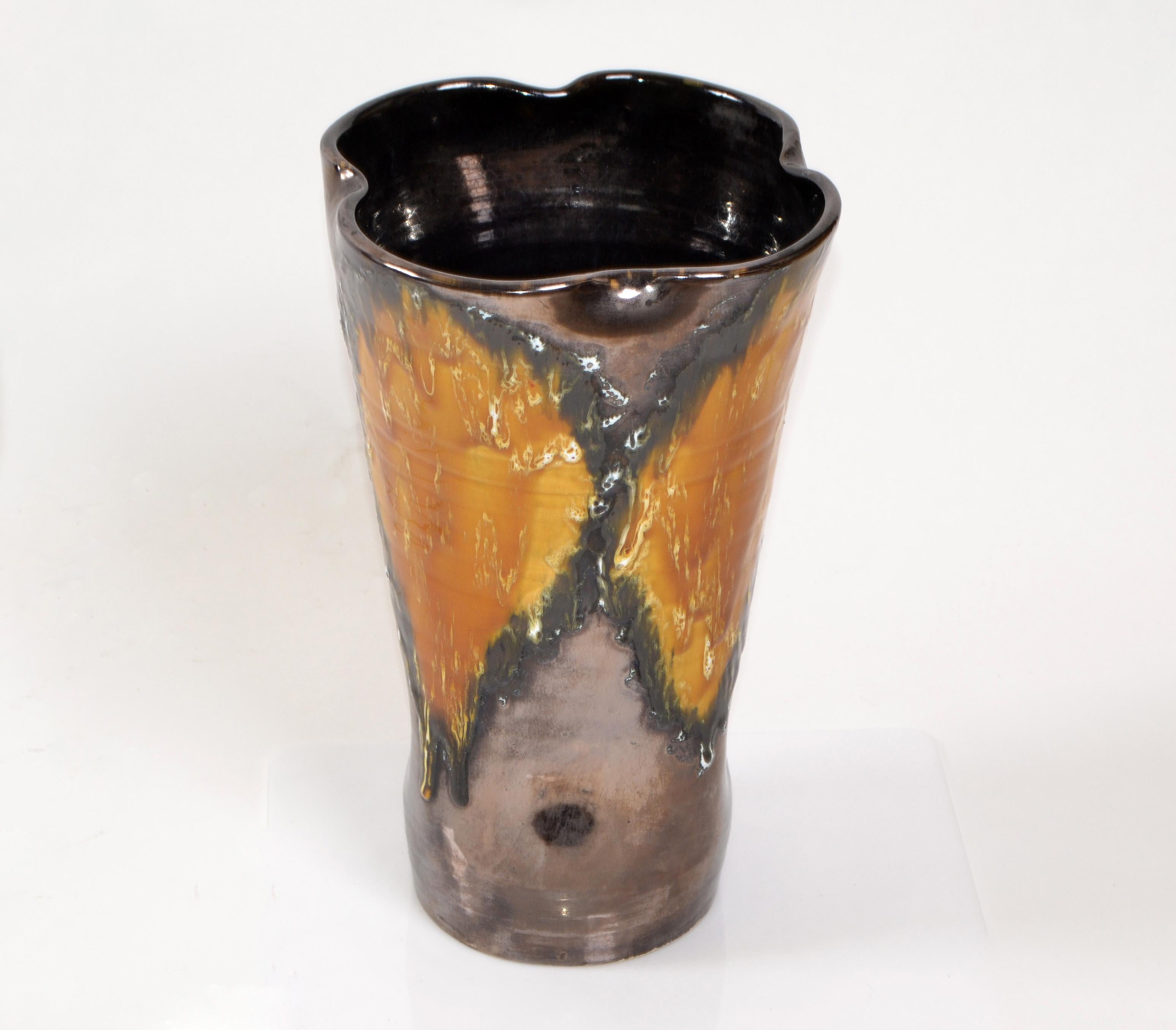 French Vallauris Glazed Ceramic Vase Bronze, Black & Orange Mid-Century Modern, France For Sale