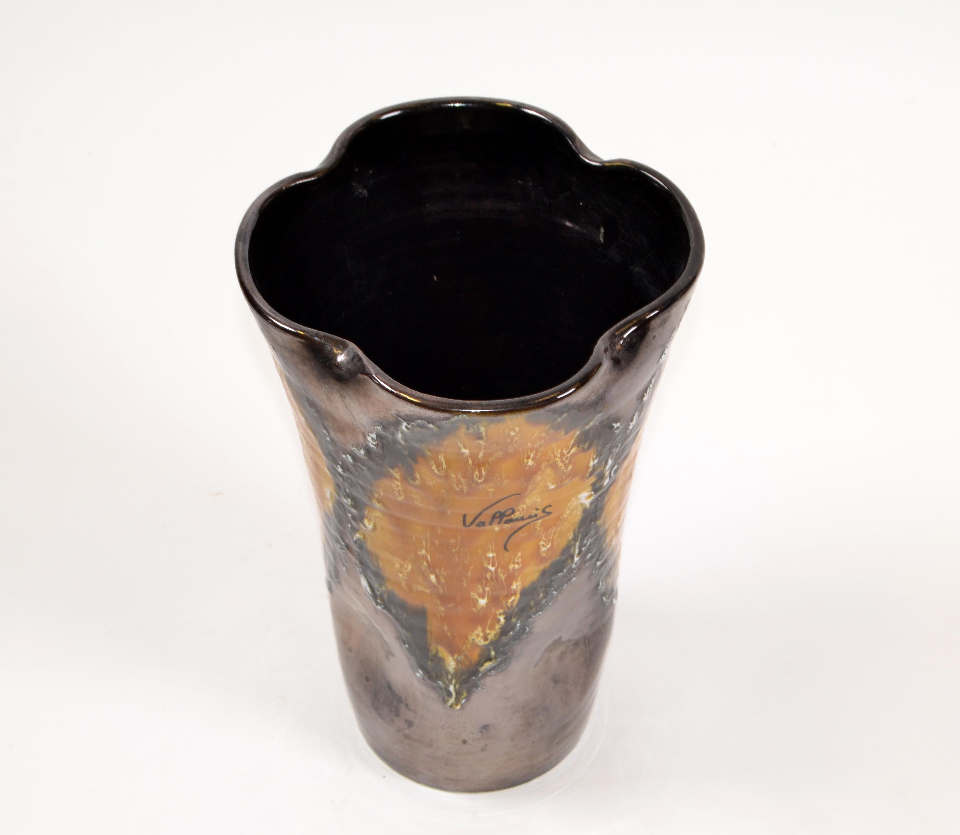 Vallauris Glazed Ceramic Vase Bronze, Black & Orange Mid-Century Modern, France In Good Condition For Sale In Miami, FL