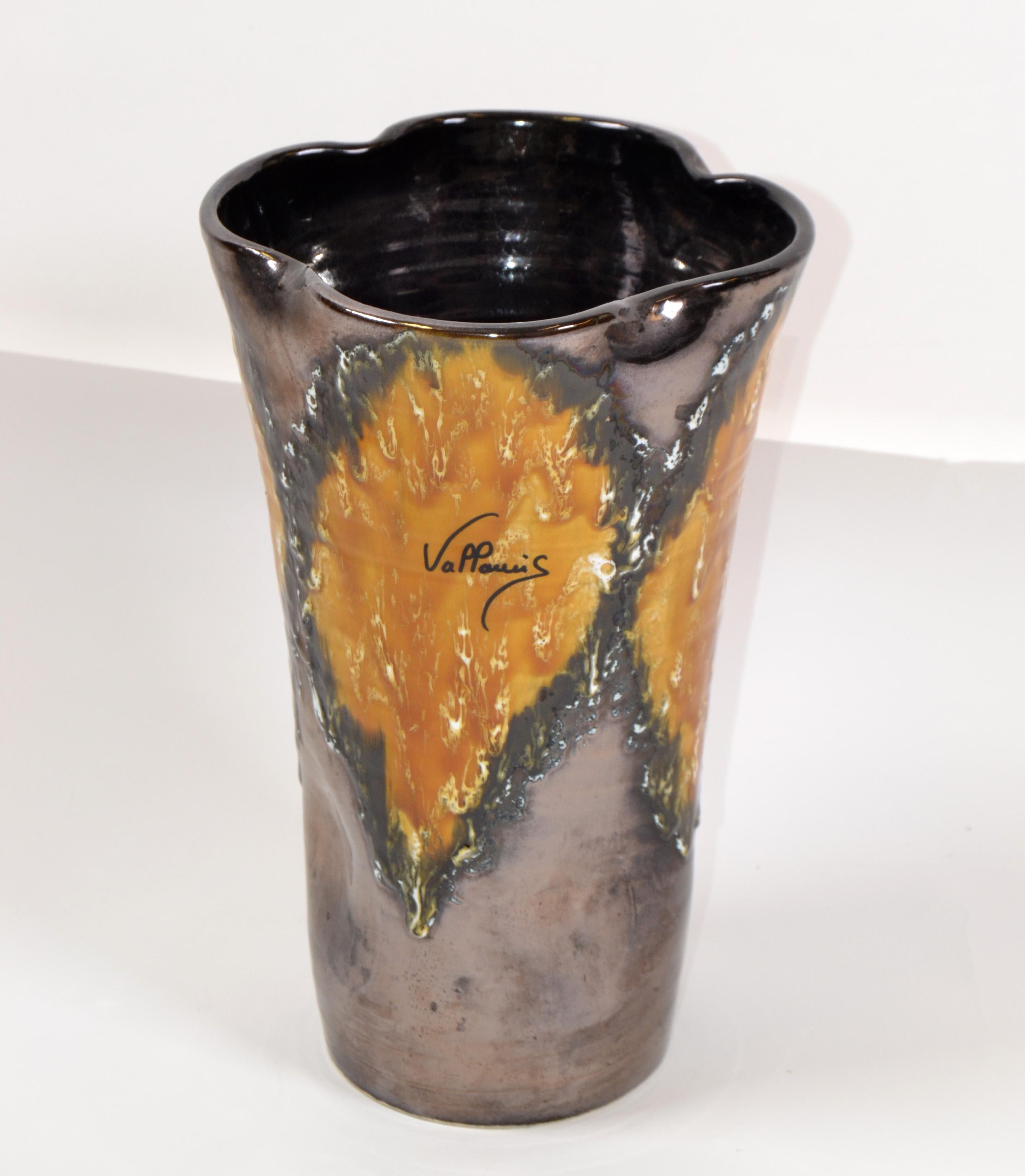 Vallauris Glazed Ceramic Vase Bronze, Black & Orange Mid-Century Modern, France For Sale 1