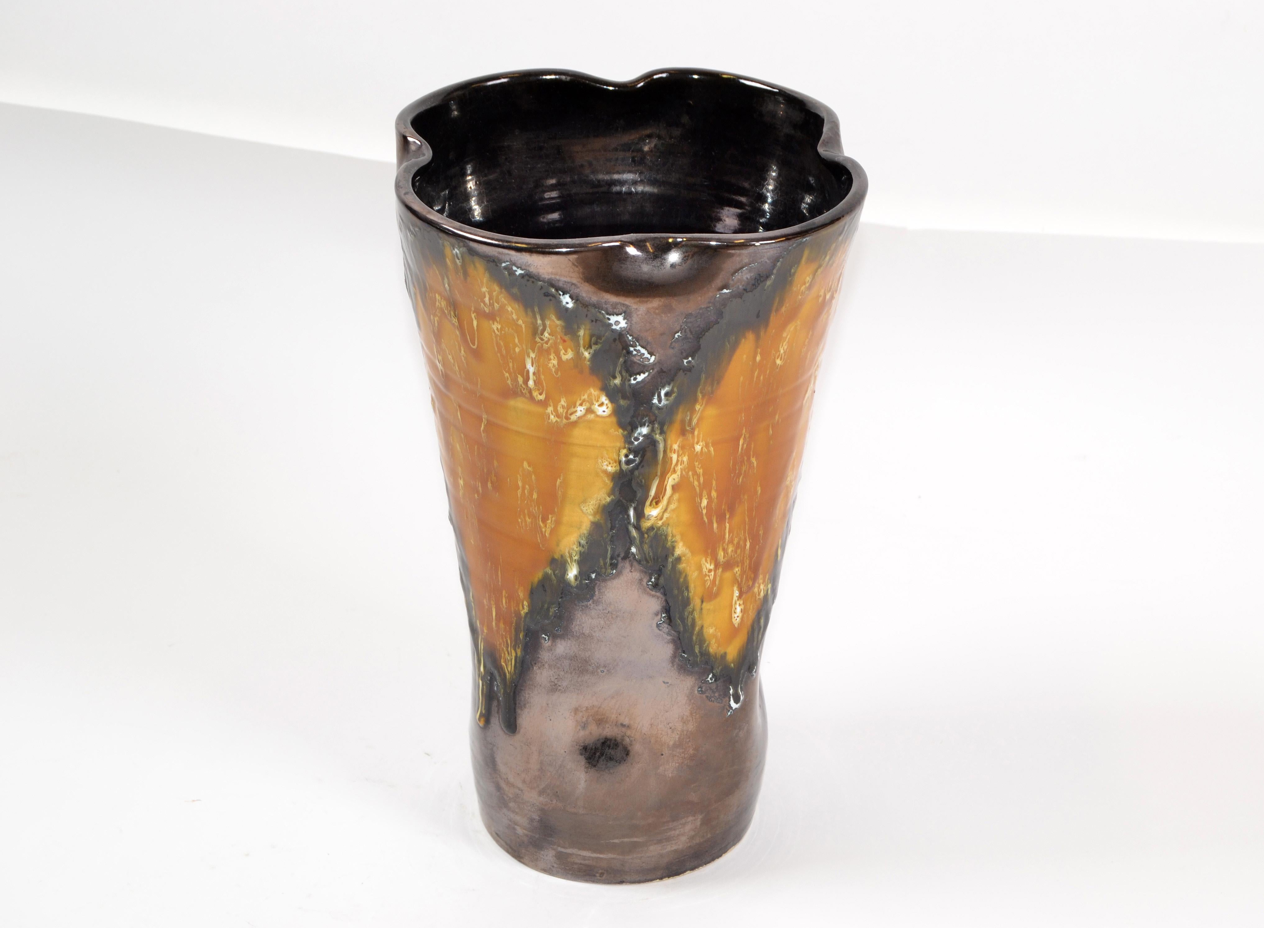 Vallauris Glazed Ceramic Vase Bronze, Black & Orange Mid-Century Modern, France For Sale 2