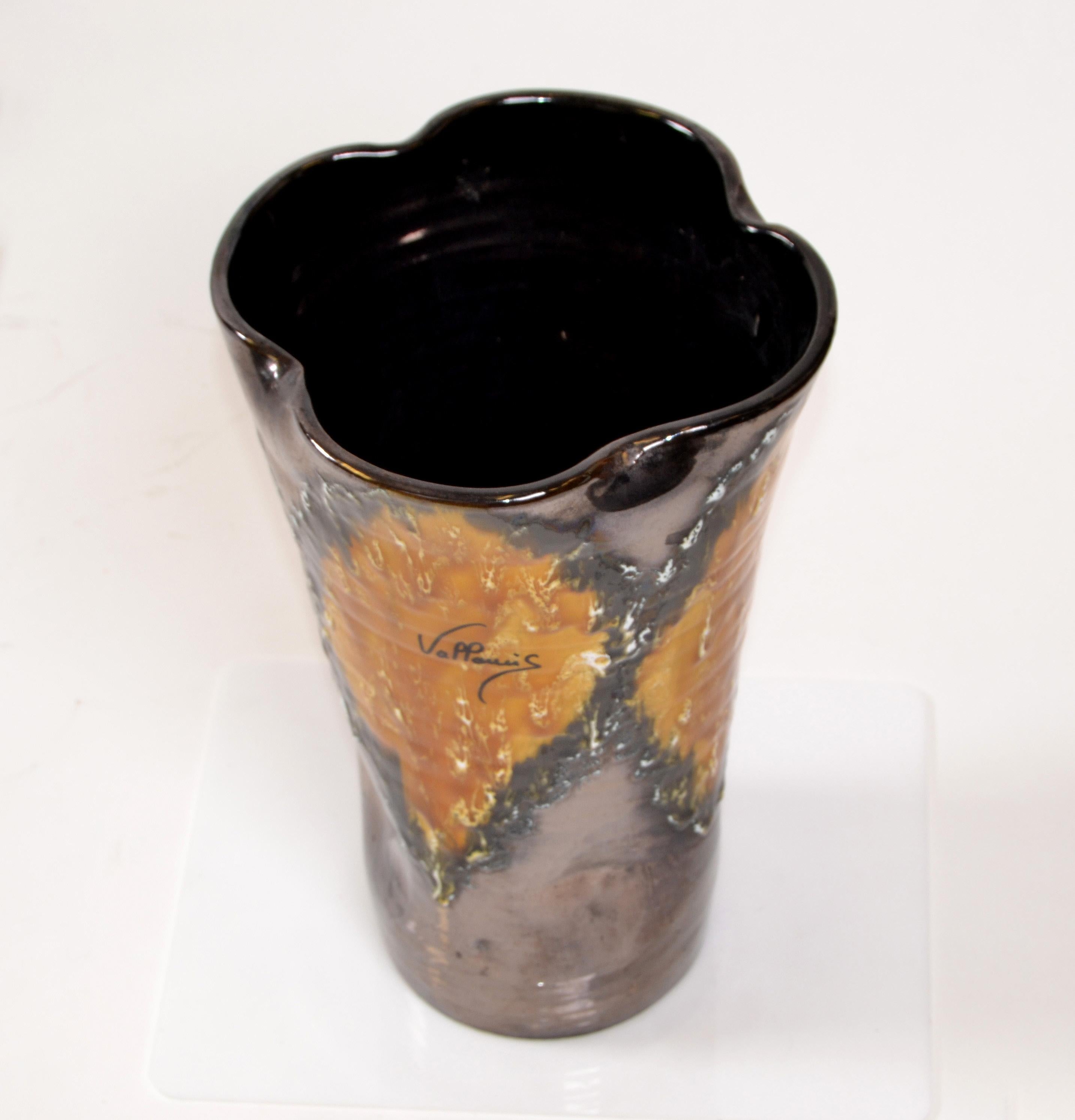 Vallauris Glazed Ceramic Vase Bronze, Black & Orange Mid-Century Modern, France For Sale 3