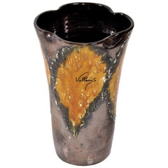 Vallauris Glazed Ceramic Vase Bronze, Black & Orange Mid-Century Modern, France