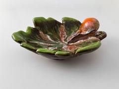 Ceramic Drip Glaze Vine Leaf Dish in Green and Orange by Vallauris, France
