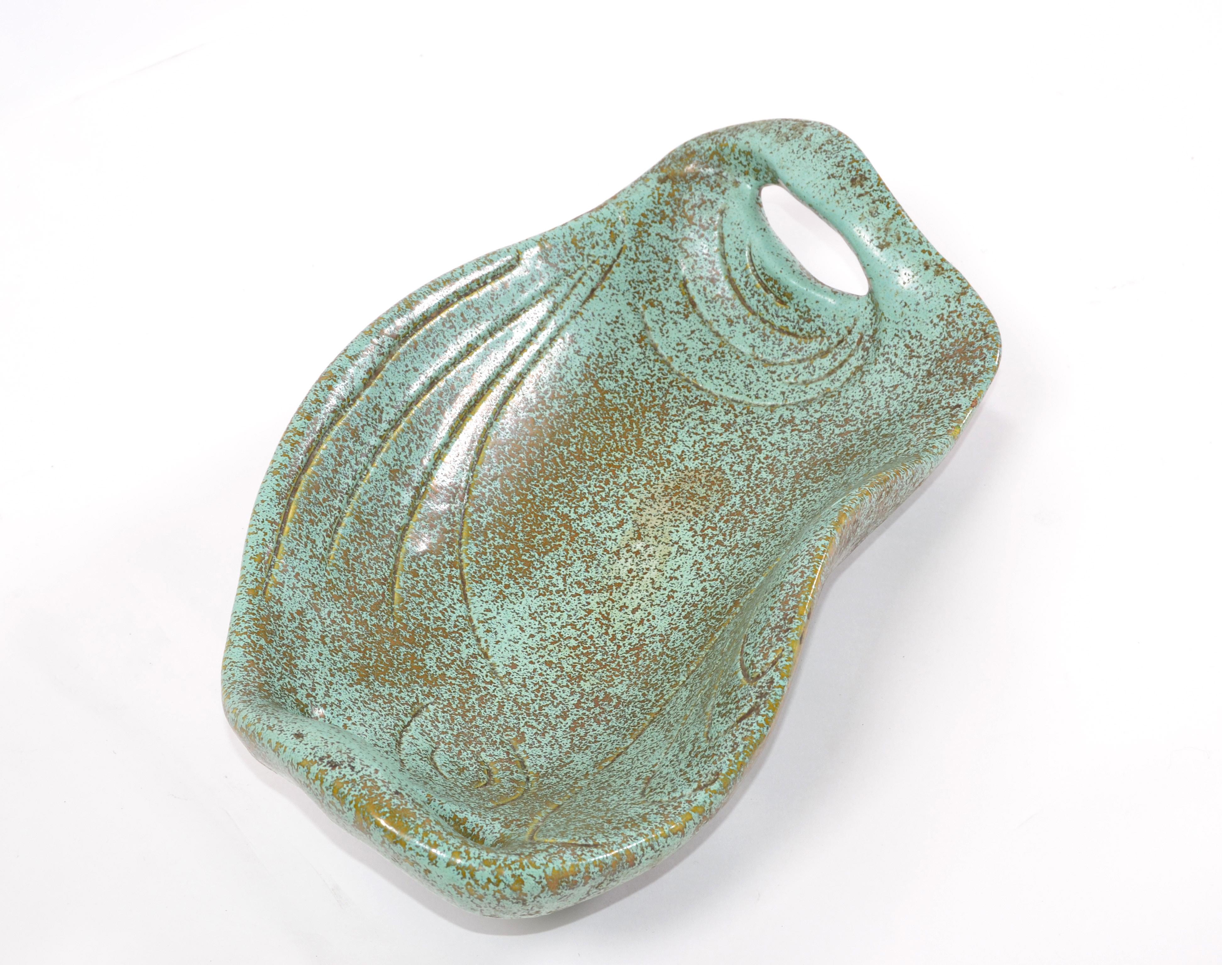 Mid-Century Modern Vallauris Lunetta France Gold & Mint Green Ceramic Bowl Catchall Pottery, 1955  