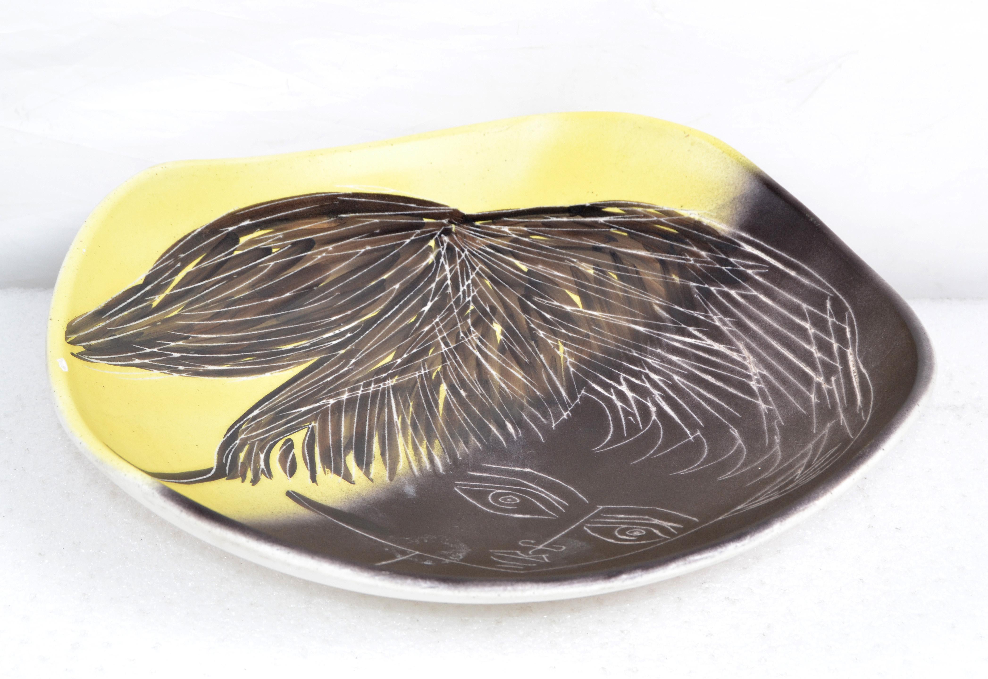 Hand-Crafted Vallauris M. Barbier France Gold Black and Beige Ceramic Face Plate Pottery 1955