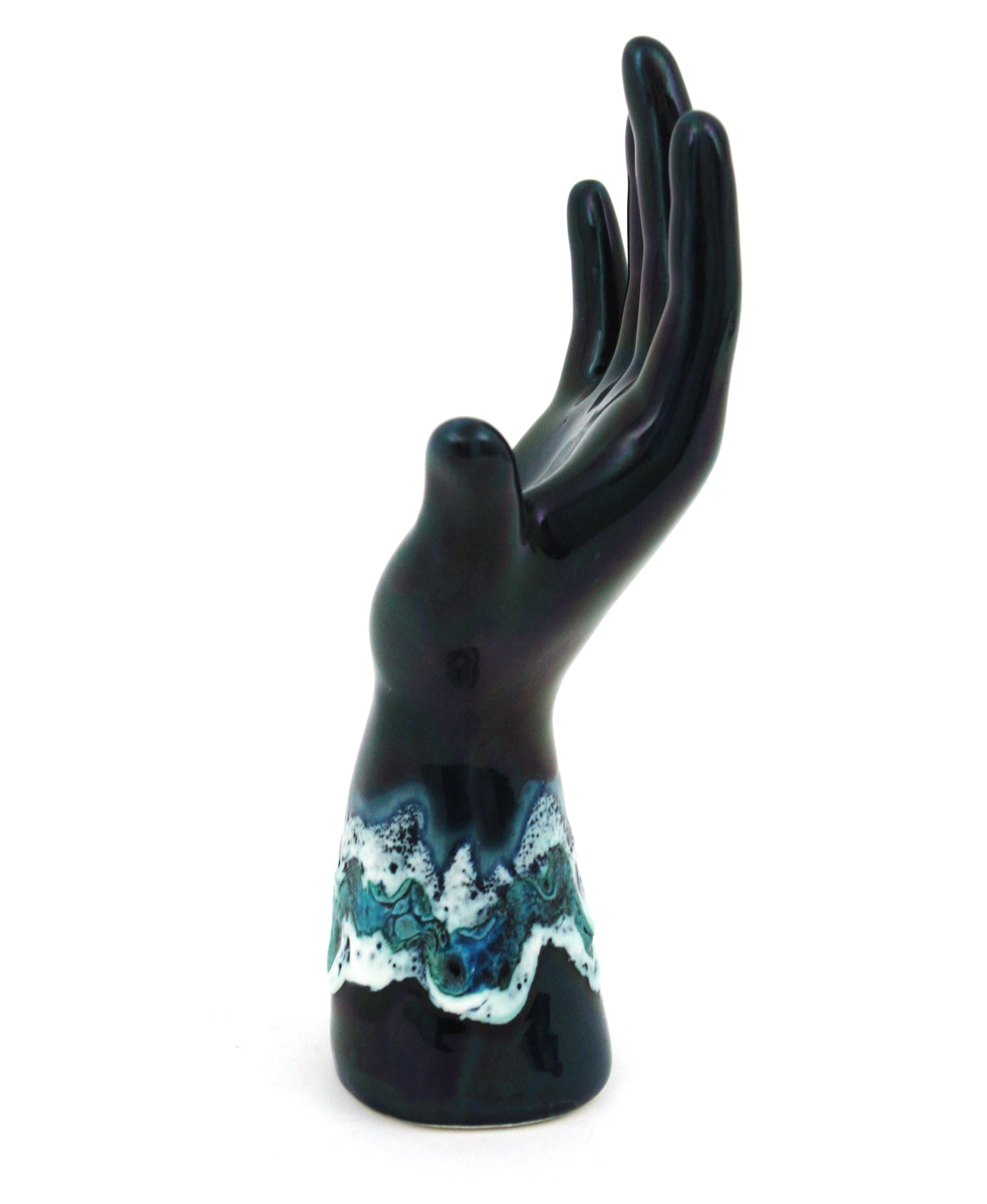 Mid-Century Modern Vallauris Majolica Blue Ceramic Hand Shaped Vase / Rings Stand For Sale