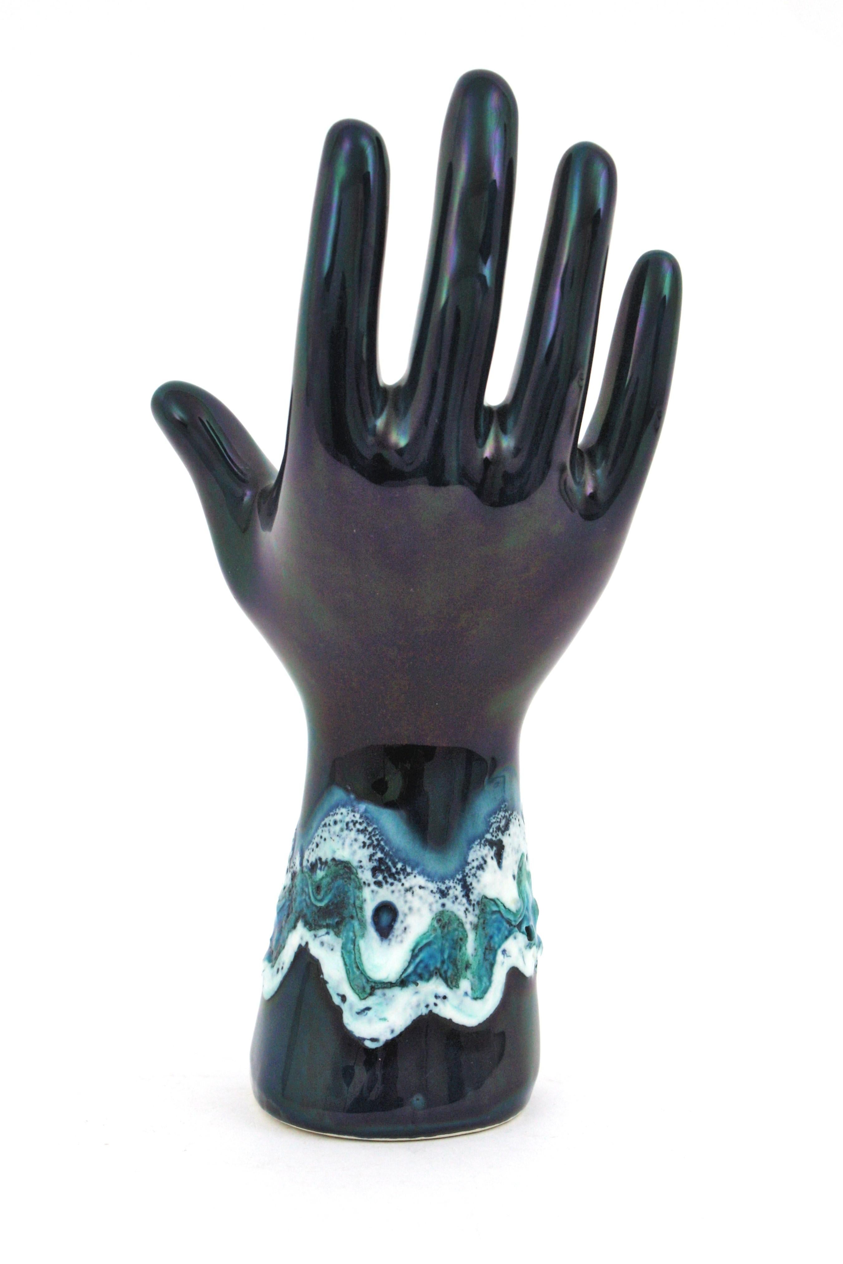 Glazed Vallauris Majolica Blue Ceramic Hand Shaped Vase / Rings Stand For Sale