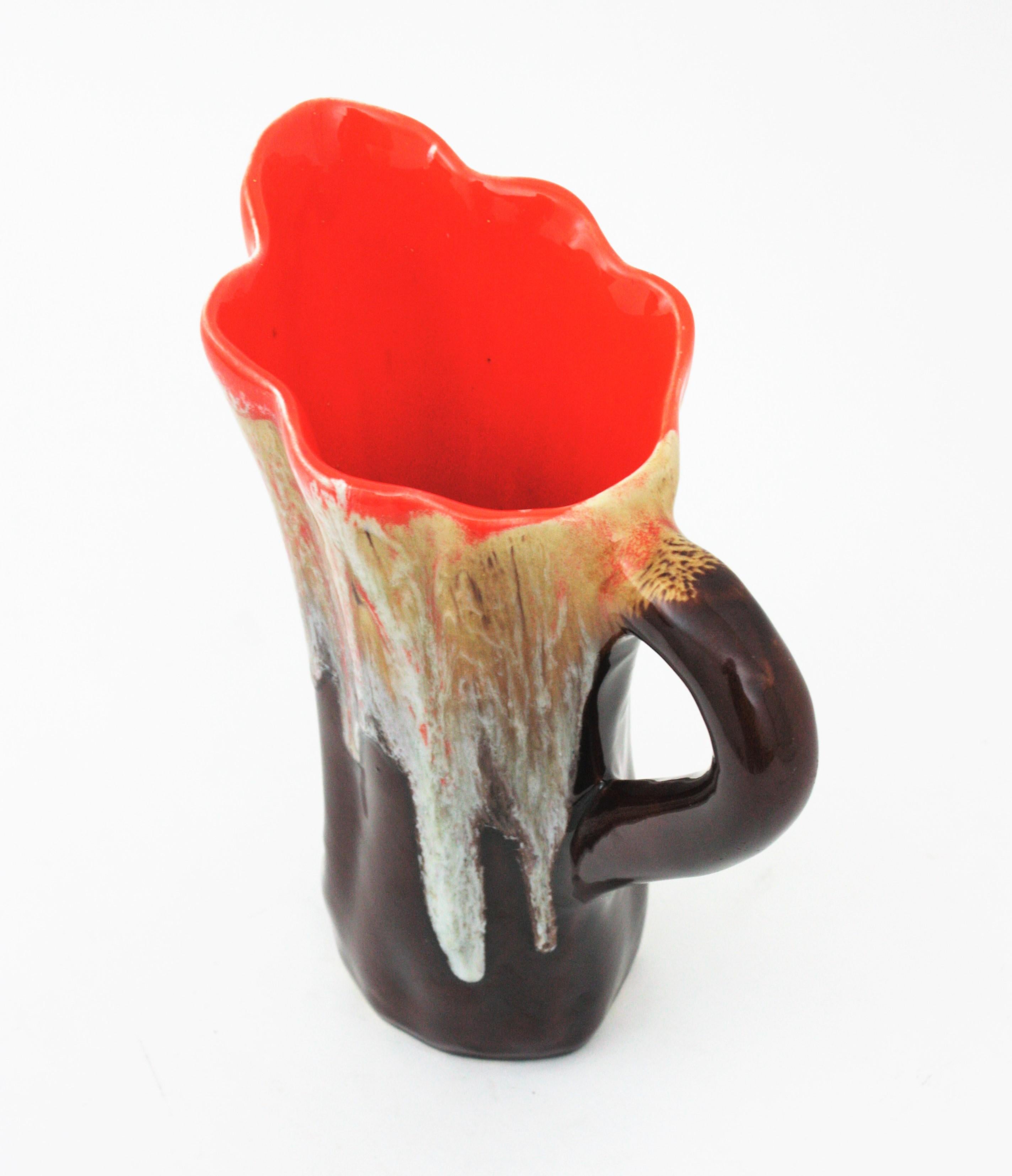Vallauris Majolica Orange Brown Ceramic Jug Vase Fat Lava Design For Sale 1