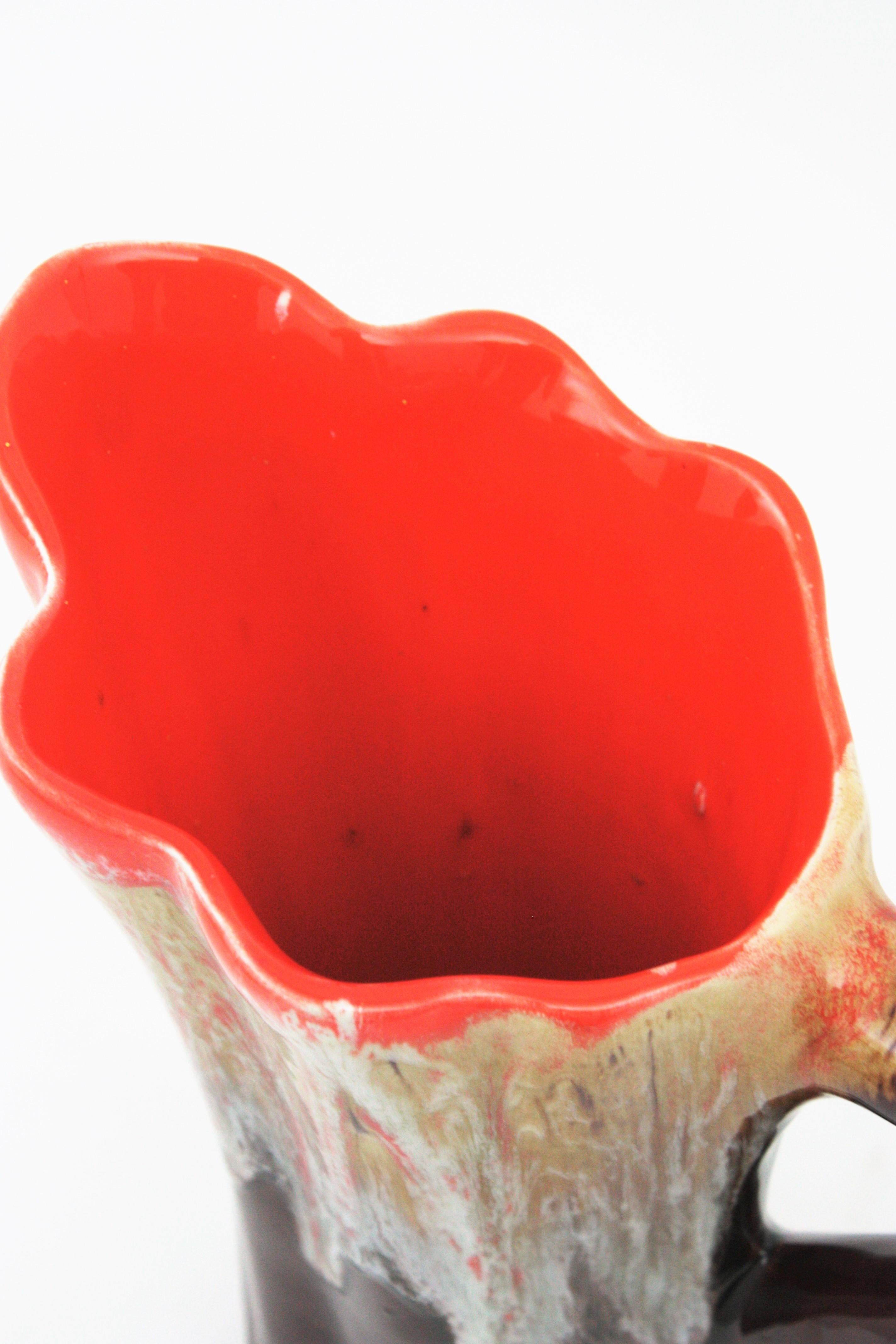 Vallauris Majolica Orange Brown Ceramic Jug Vase Fat Lava Design For Sale 2
