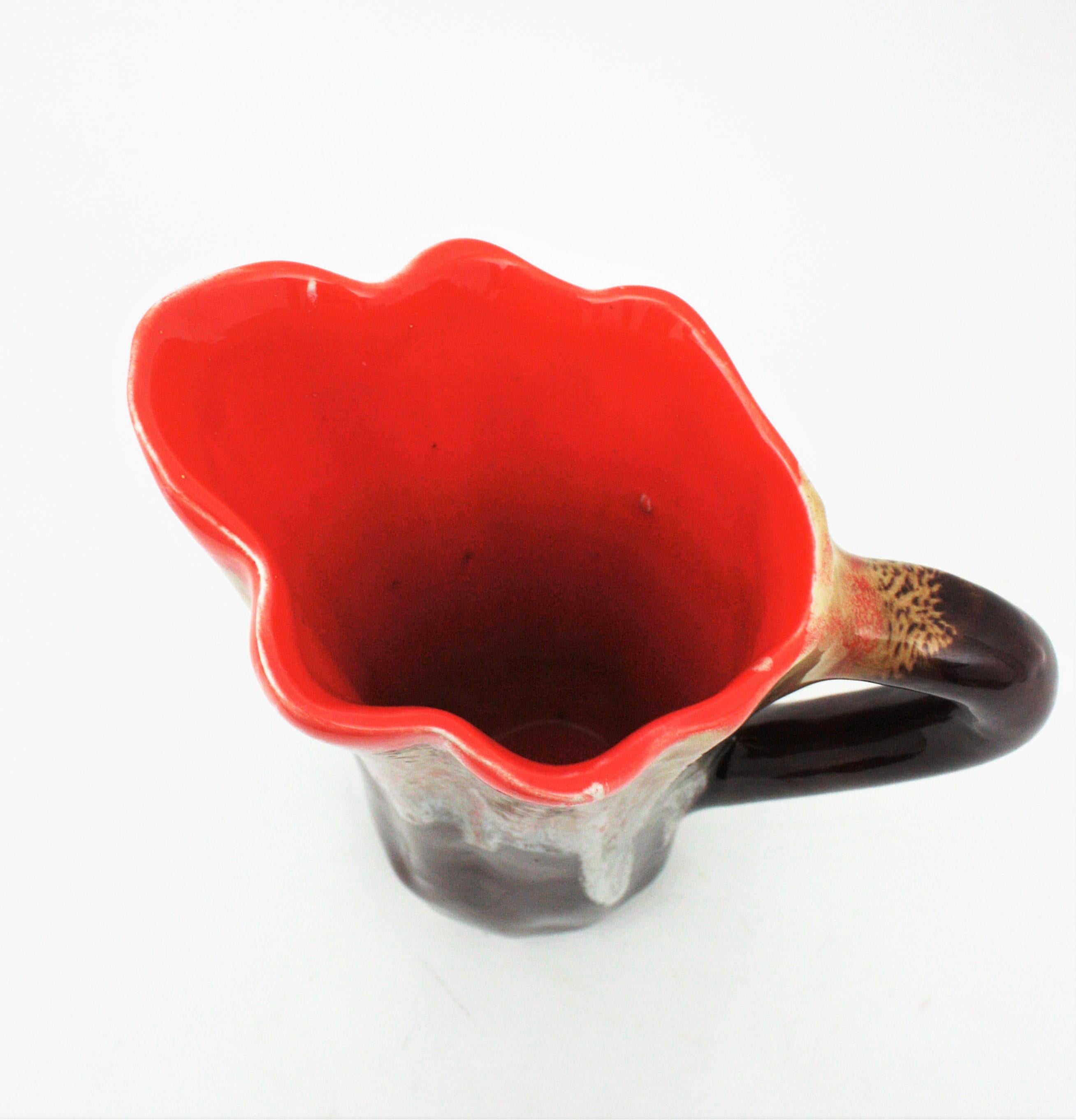 Vallauris Majolica Orange Brown Ceramic Jug Vase Fat Lava Design For Sale 3