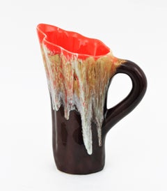 Vallauris Majolica Orange Brown Ceramic Fat Lava Pitcher , 1950s