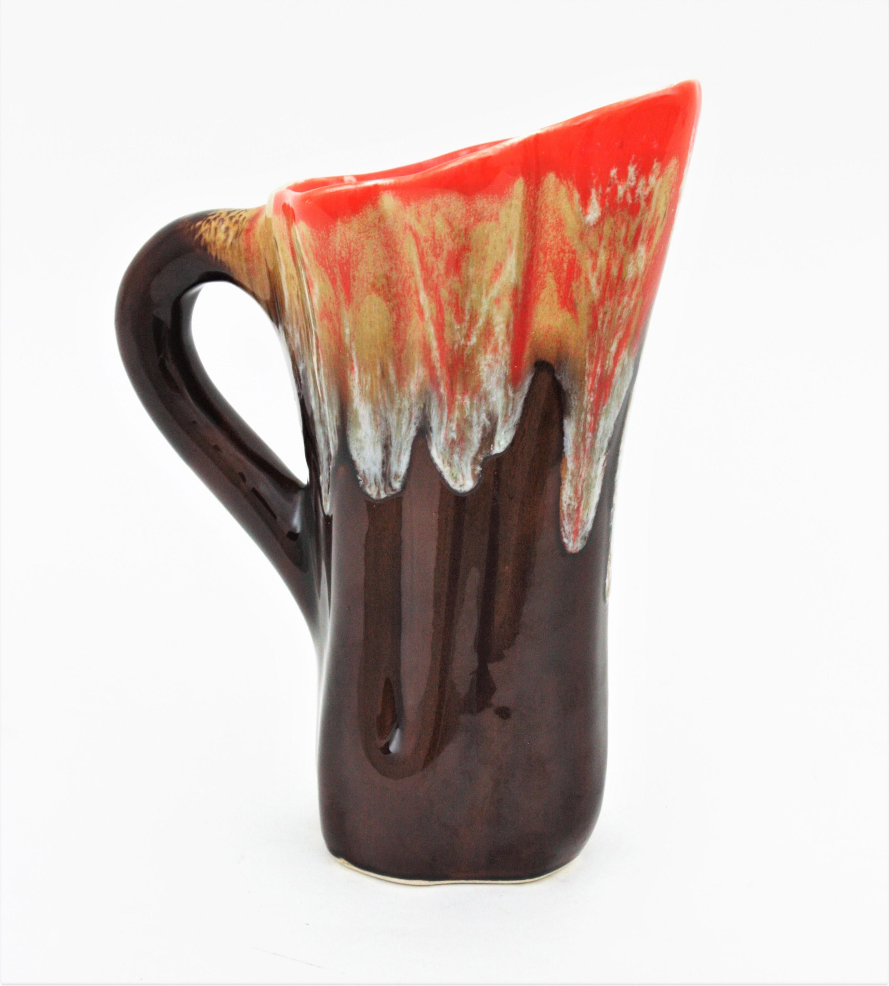 Mid-Century Modern Vallauris Majolica Orange Brown Ceramic Jug Vase Fat Lava Design For Sale